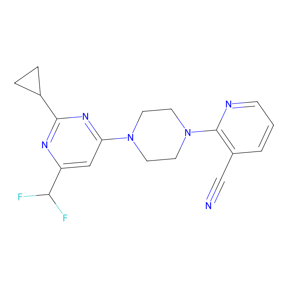 2-{4-[2-Cyclopropyl-6-(difluoromethyl)pyrimidin-4-yl]piperazin-1-yl}pyridine-3-carbonitrile molecular structure, CAS 2742049-38-1