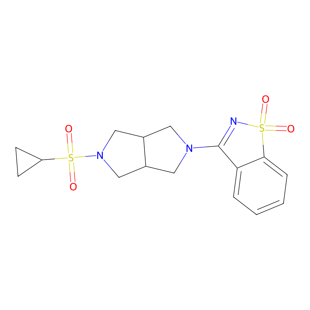 3-(5-Cyclopropylsulfonyl-1,3,3a,4,6,6a-hexahydropyrrolo[3,4-c]pyrrol-2-yl)-1,2-benzothiazole 1,1-dioxide molecular structure, CAS 2742049-50-7