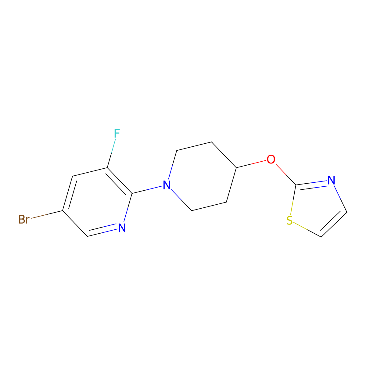 5-Bromo-3-fluoro-2-[4-(1,3-thiazol-2-yloxy)piperidin-1-yl]pyridine molecular structure, CAS 2742049-57-4
