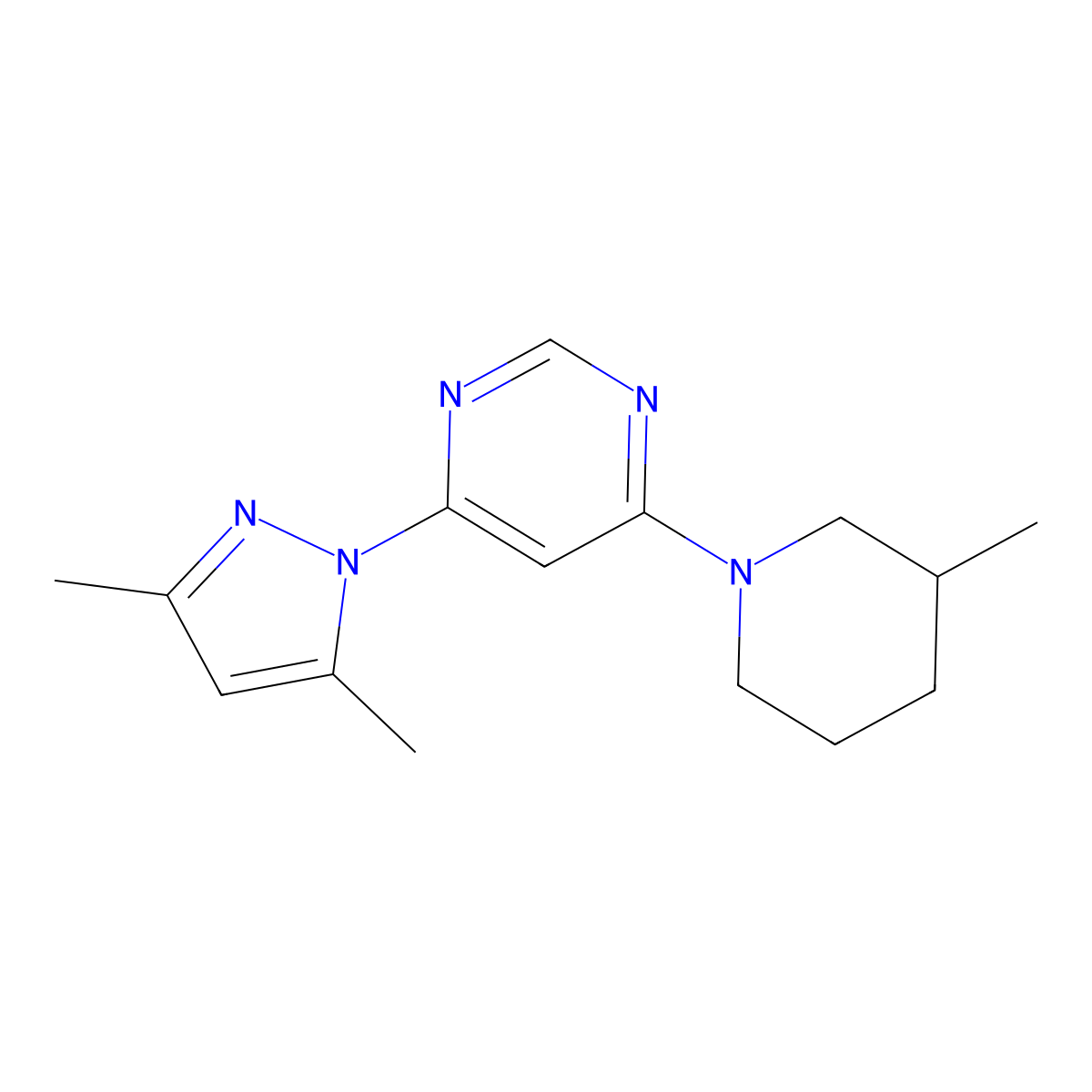 4-(3,5-dimethyl-1H-pyrazol-1-yl)-6-(3-methylpiperidin-1-yl)pyrimidine molecular structure, CAS 2742049-58-5