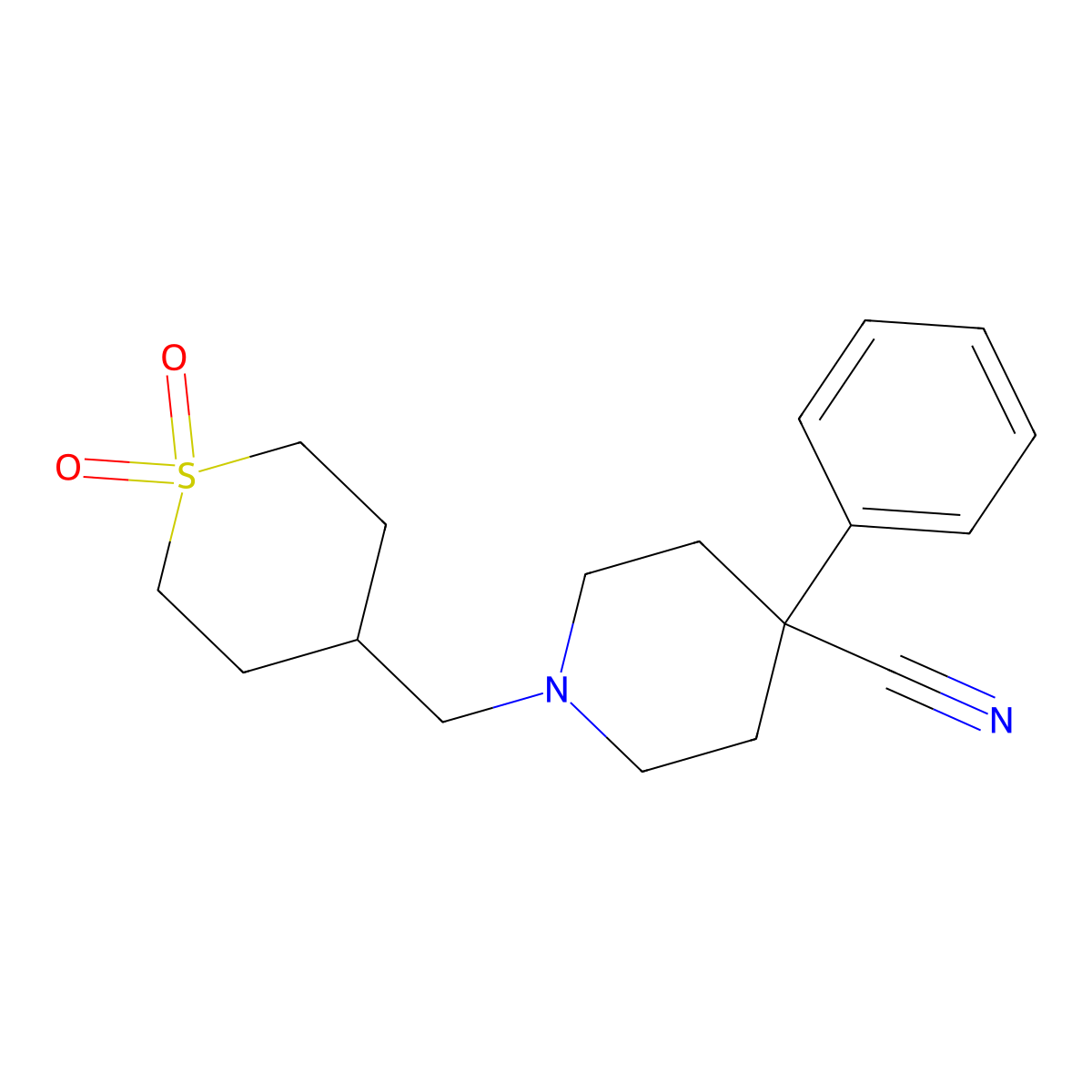 1-[(1,1-Dioxothian-4-yl)methyl]-4-phenylpiperidine-4-carbonitrile molecular structure, CAS 2742049-60-9