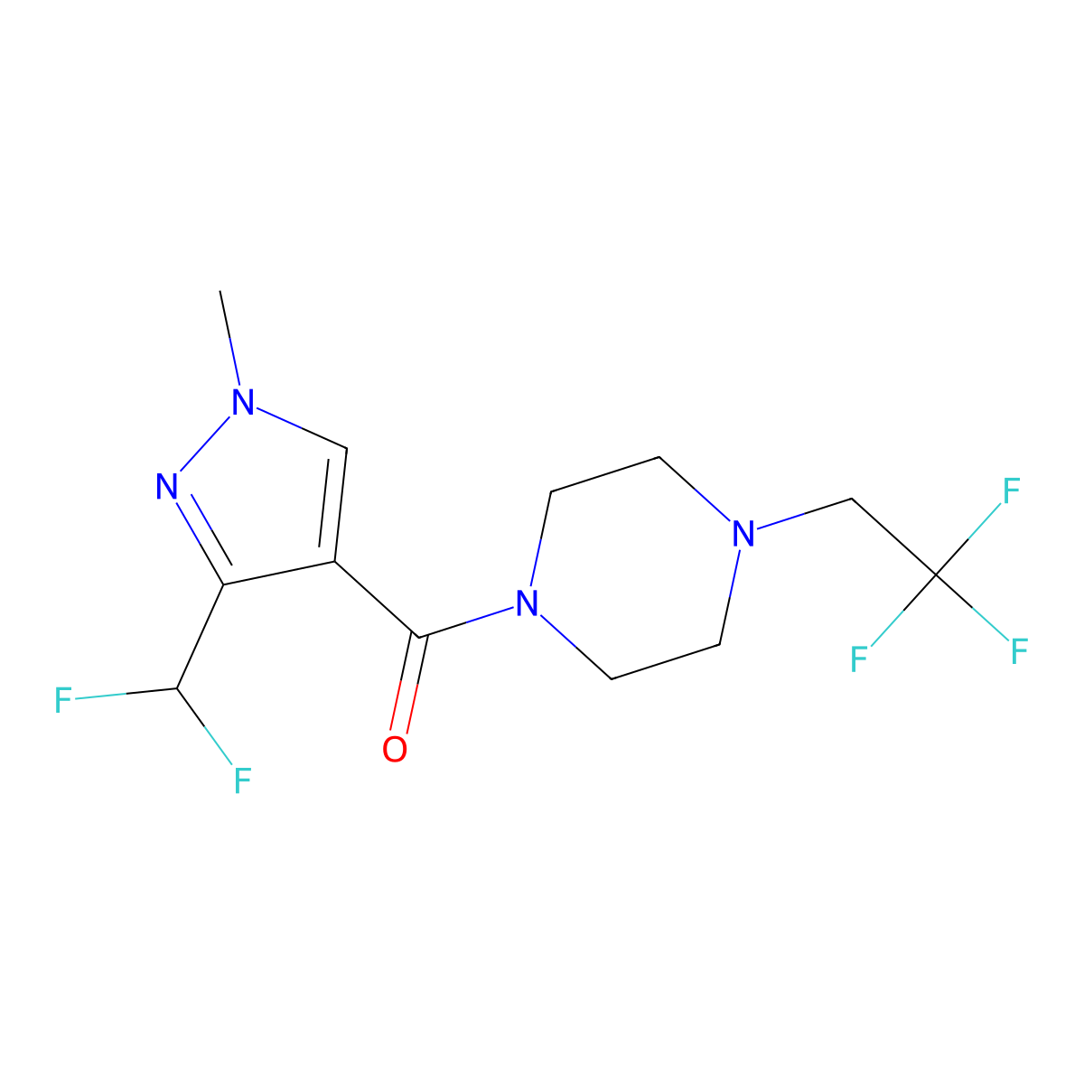 1-[3-(difluoromethyl)-1-methyl-1H-pyrazole-4-carbonyl]-4-(2,2,2-trifluoroethyl)piperazine molecular structure, CAS 2742049-63-2