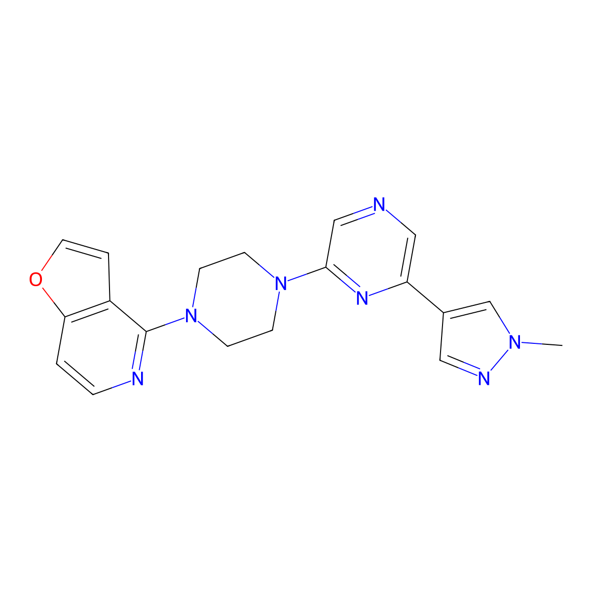 2-(4-{furo[3,2-c]pyridin-4-yl}piperazin-1-yl)-6-(1-methyl-1H-pyrazol-4-yl)pyrazine molecular structure, CAS 2742049-82-5
