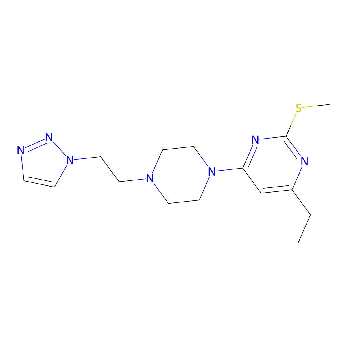 4-ethyl-2-(methylsulfanyl)-6-{4-[2-(1H-1,2,3-triazol-1-yl)ethyl]piperazin-1-yl}pyrimidine molecular structure, CAS 2742049-83-6