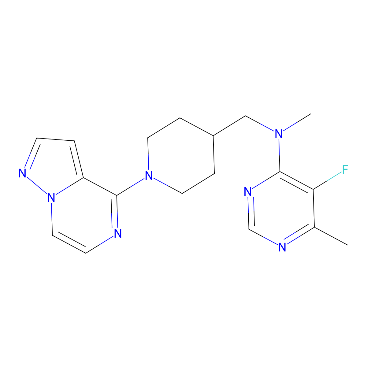 5-fluoro-N,6-dimethyl-N-[(1-{pyrazolo[1,5-a]pyrazin-4-yl}piperidin-4-yl)methyl]pyrimidin-4-amine molecular structure, CAS 2742049-94-9