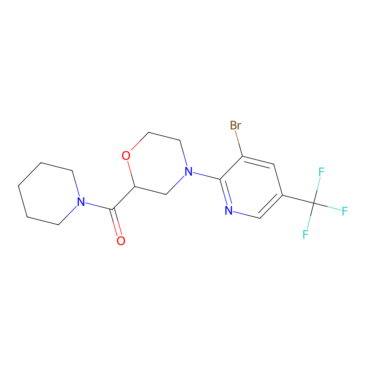 4-[3-Bromo-5-(trifluoromethyl)pyridin-2-yl]-2-(piperidine-1-carbonyl)morpholine molecular structure, CAS 2742050-04-8