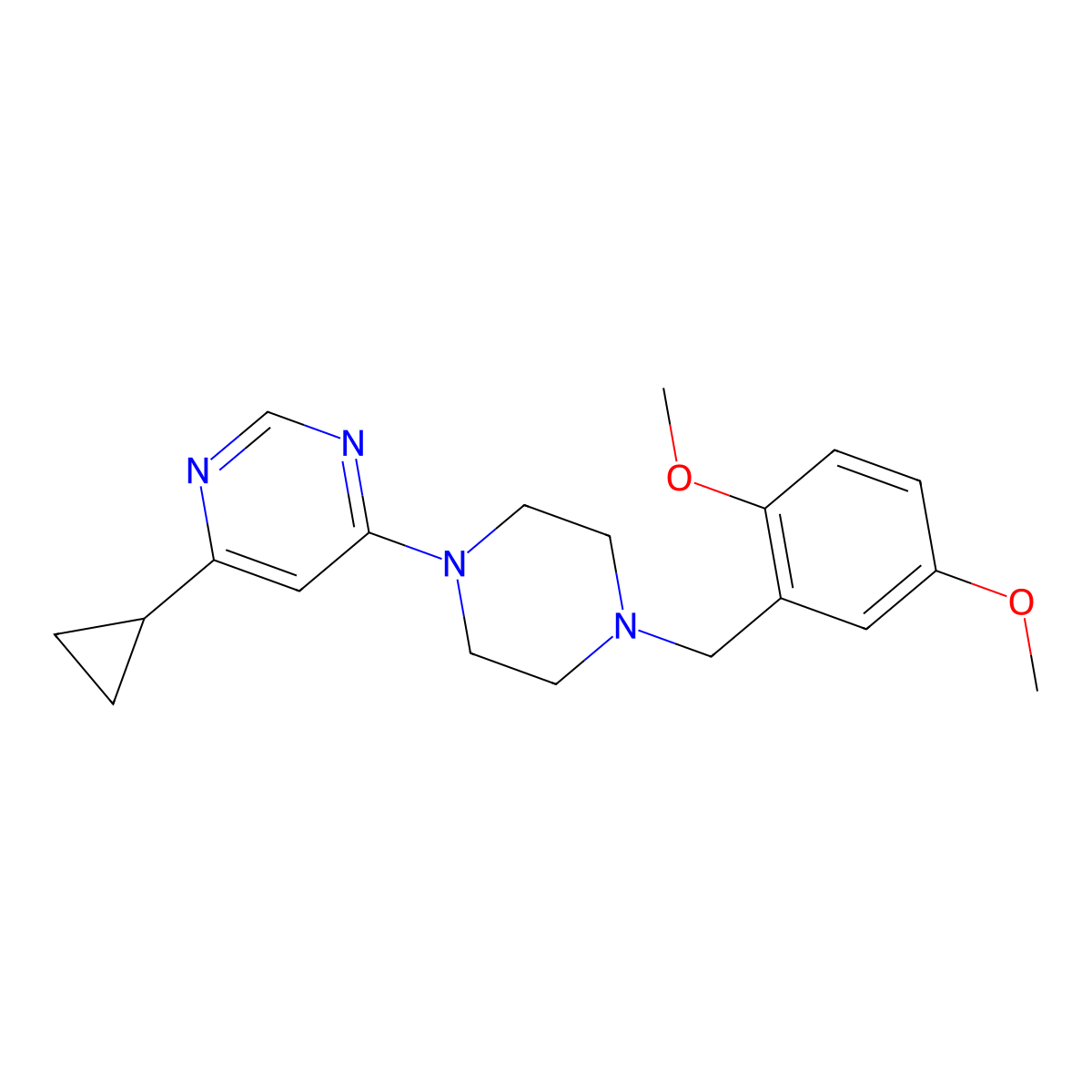 4-Cyclopropyl-6-{4-[(2,5-dimethoxyphenyl)methyl]piperazin-1-yl}pyrimidine molecular structure, CAS 2742050-08-2