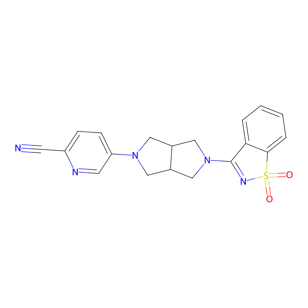 5-[5-(1,1-Dioxo-1,2-benzothiazol-3-yl)-1,3,3a,4,6,6a-hexahydropyrrolo[3,4-c]pyrrol-2-yl]pyridine-2-carbonitrile molecular structure, CAS 2742050-13-9