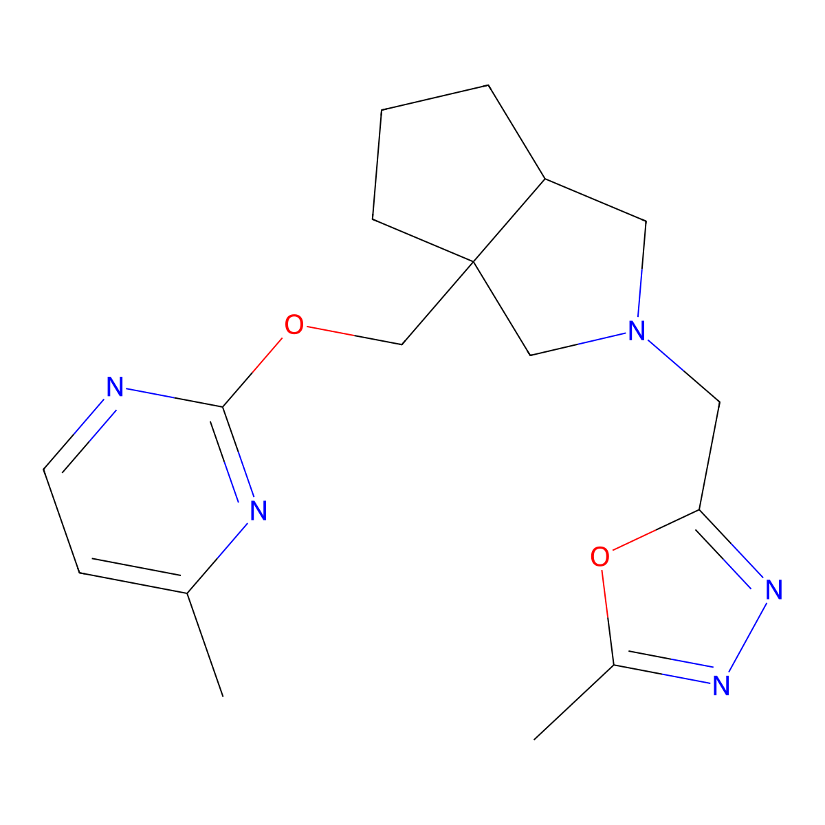 4-Methyl-2-({2-[(5-methyl-1,3,4-oxadiazol-2-yl)methyl]-octahydrocyclopenta[c]pyrrol-3a-yl}methoxy)pyrimidine molecular structure, CAS 2742050-21-9