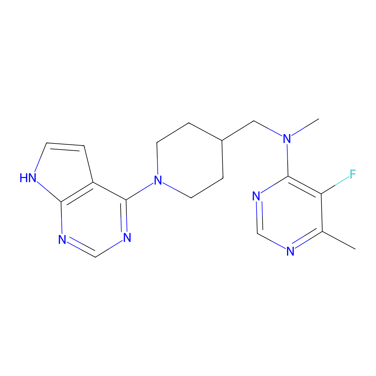 5-fluoro-N,6-dimethyl-N-[(1-{7H-pyrrolo[2,3-d]pyrimidin-4-yl}piperidin-4-yl)methyl]pyrimidin-4-amine molecular structure, CAS 2742050-26-4