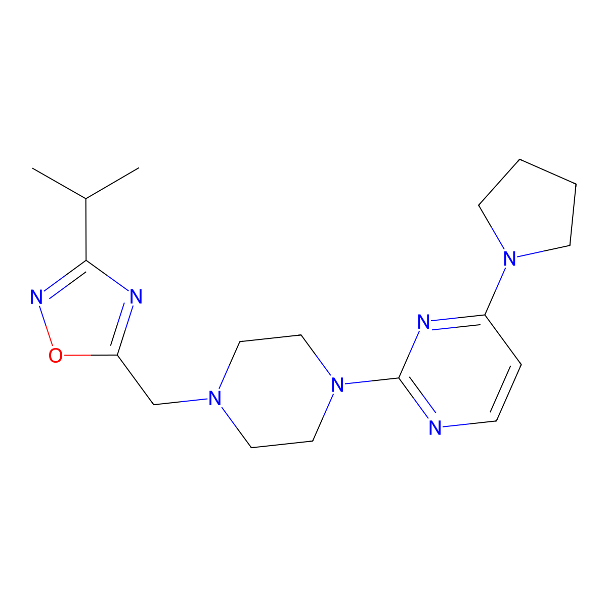 2-(4-{[3-(Propan-2-yl)-1,2,4-oxadiazol-5-yl]methyl}piperazin-1-yl)-4-(pyrrolidin-1-yl)pyrimidine molecular structure, CAS 2742050-33-3