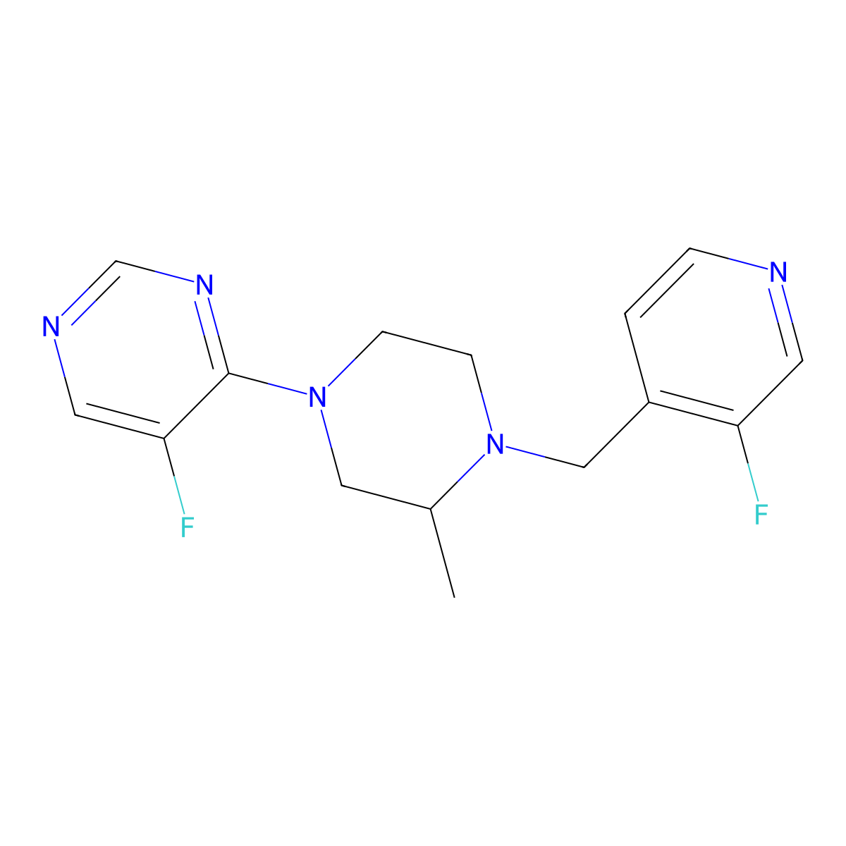 5-Fluoro-4-{4-[(3-fluoropyridin-4-yl)methyl]-3-methylpiperazin-1-yl}pyrimidine molecular structure, CAS 2742050-37-7