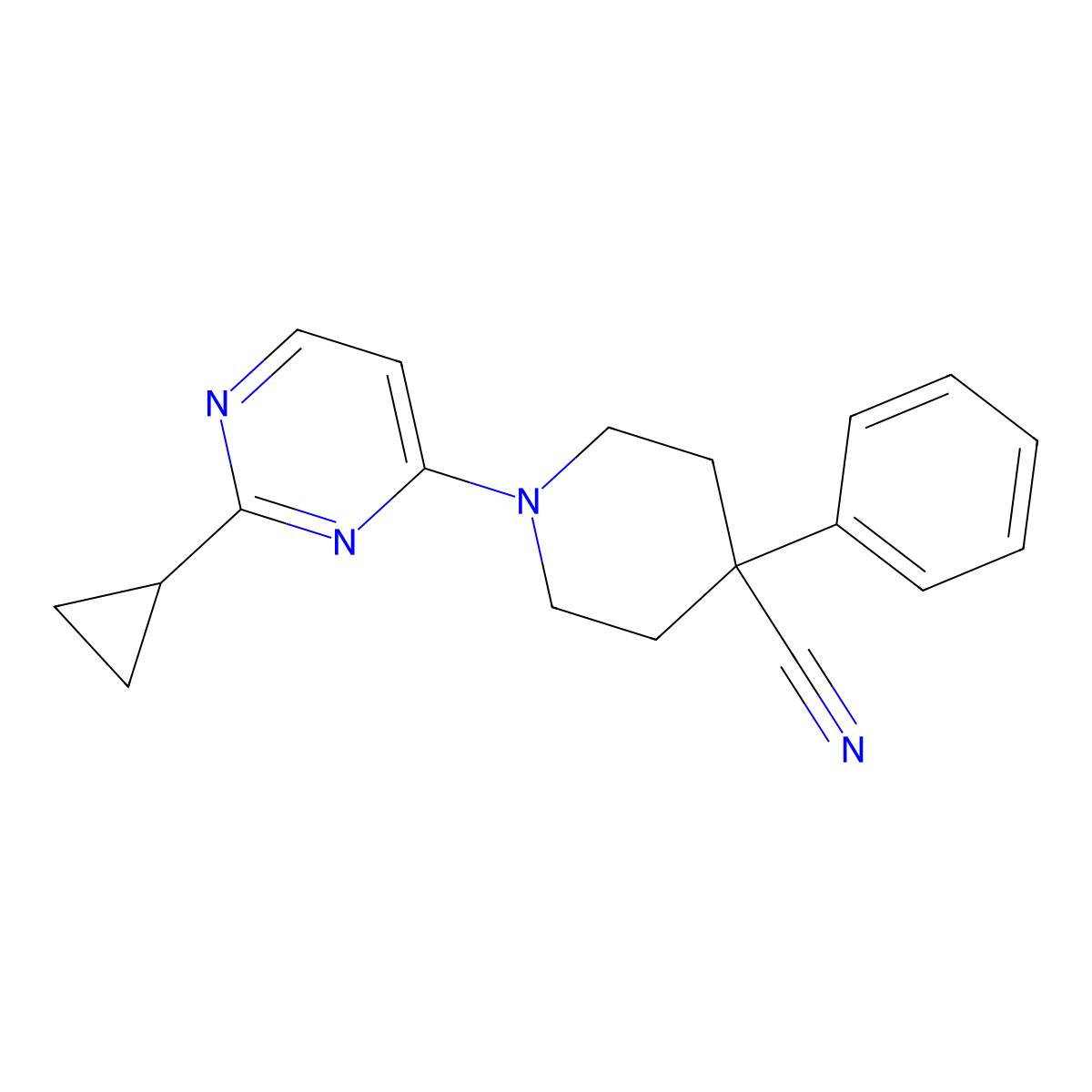 1-(2-Cyclopropylpyrimidin-4-yl)-4-phenylpiperidine-4-carbonitrile molecular structure, CAS 2742050-38-8