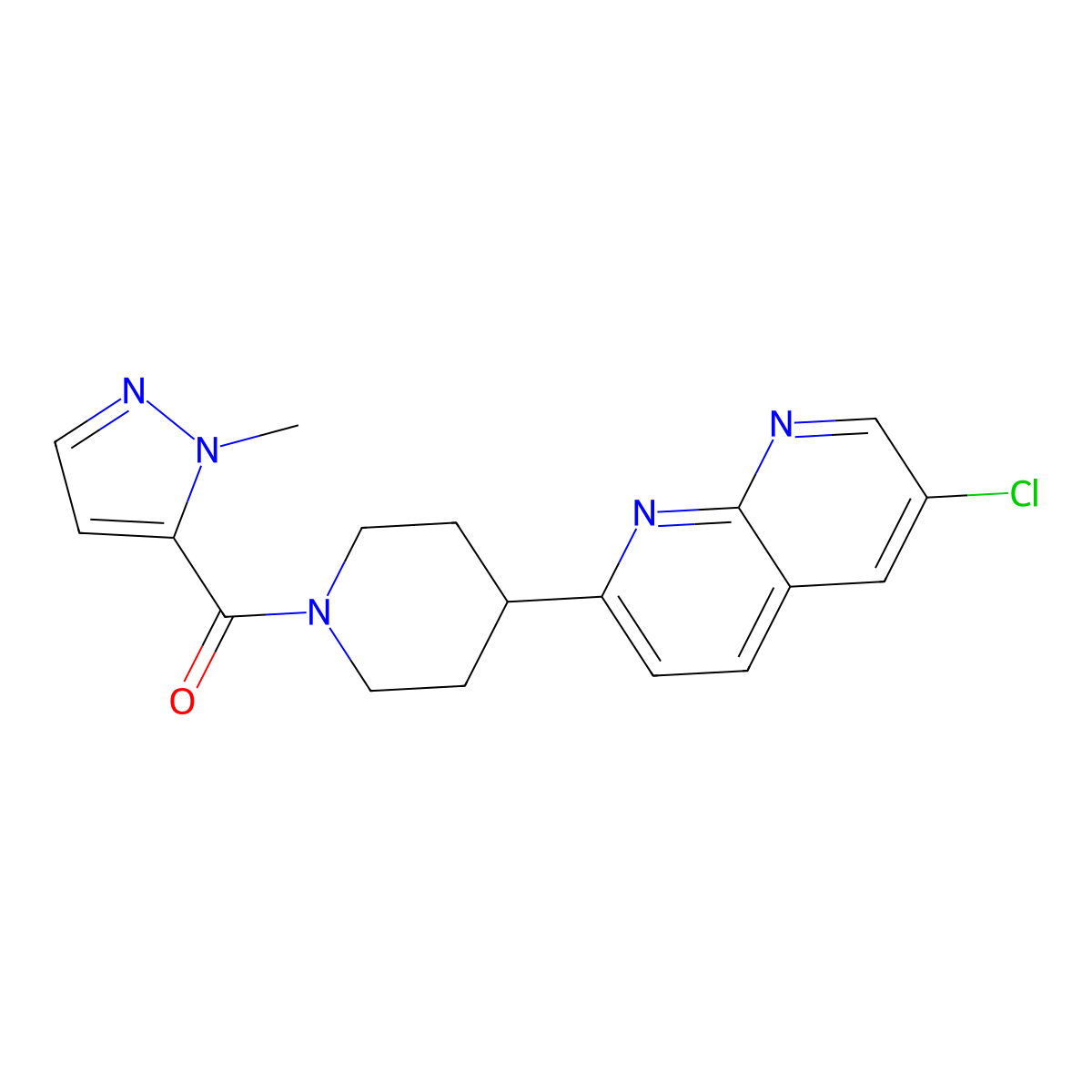 6-chloro-2-[1-(1-methyl-1H-pyrazole-5-carbonyl)piperidin-4-yl]-1,8-naphthyridine molecular structure, CAS 2742050-42-4