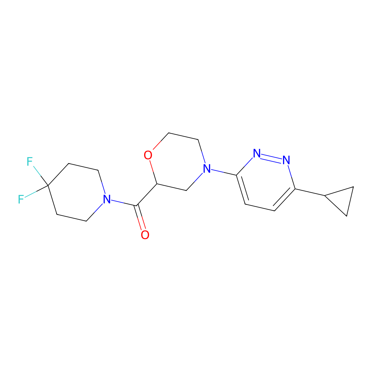 4-(6-Cyclopropylpyridazin-3-yl)-2-(4,4-difluoropiperidine-1-carbonyl)morpholine molecular structure, CAS 2742050-44-6
