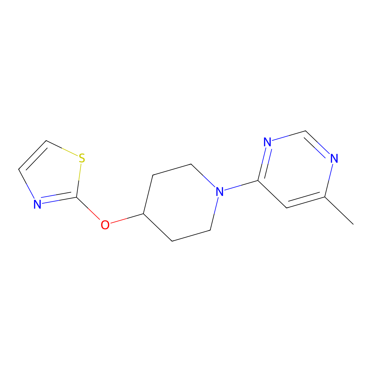 4-Methyl-6-[4-(1,3-thiazol-2-yloxy)piperidin-1-yl]pyrimidine molecular structure, CAS 2742050-52-6