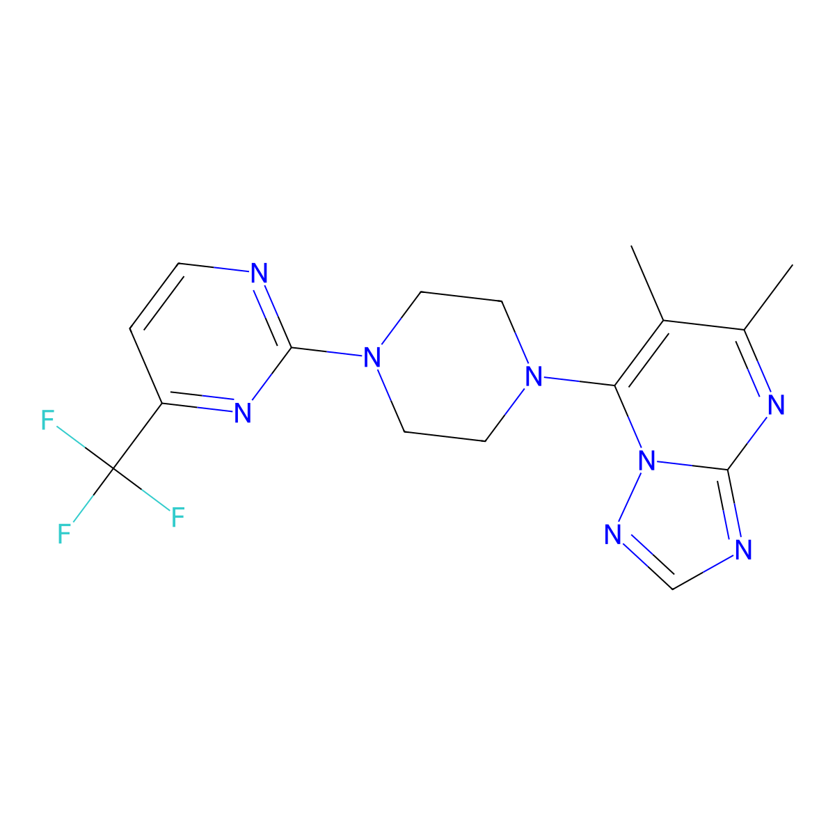 2-(4-{5,6-Dimethyl-[1,2,4]triazolo[1,5-a]pyrimidin-7-yl}piperazin-1-yl)-4-(trifluoromethyl)pyrimidine molecular structure, CAS 2742050-58-2