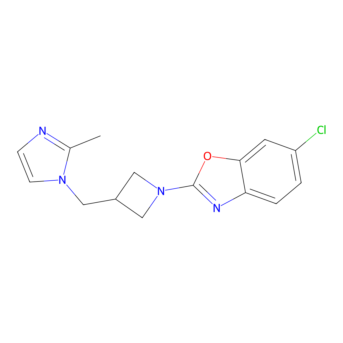 6-chloro-2-{3-[(2-methyl-1H-imidazol-1-yl)methyl]azetidin-1-yl}-1,3-benzoxazole molecular structure, CAS 2742050-65-1