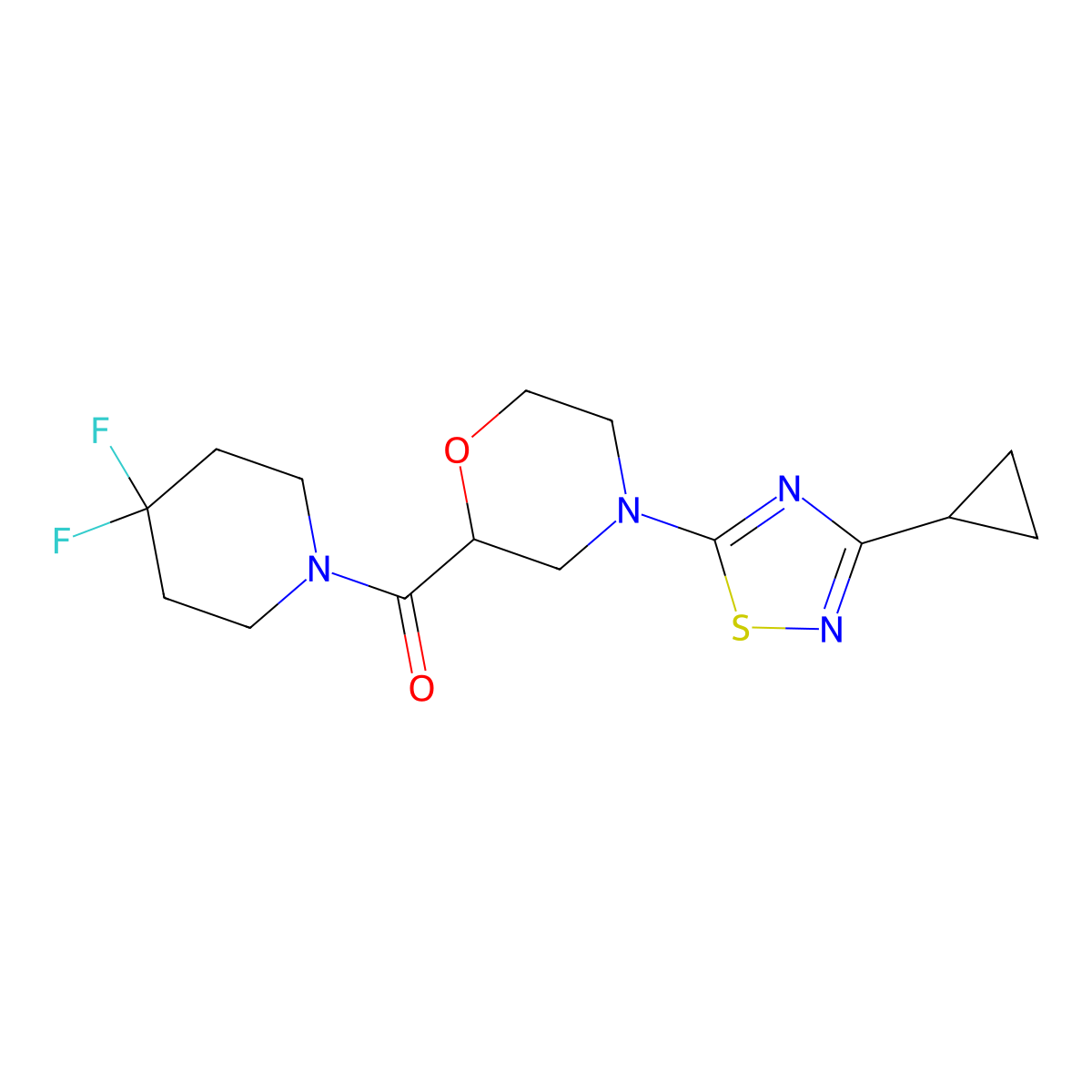 4-(3-Cyclopropyl-1,2,4-thiadiazol-5-yl)-2-(4,4-difluoropiperidine-1-carbonyl)morpholine molecular structure, CAS 2742050-69-5