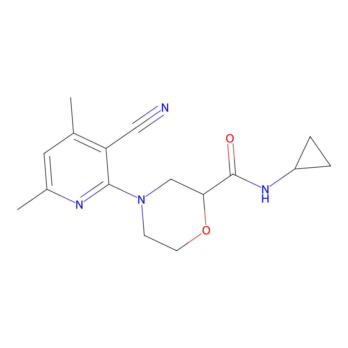 4-(3-cyano-4,6-dimethylpyridin-2-yl)-N-cyclopropylmorpholine-2-carboxamide molecular structure, CAS 2742050-71-9