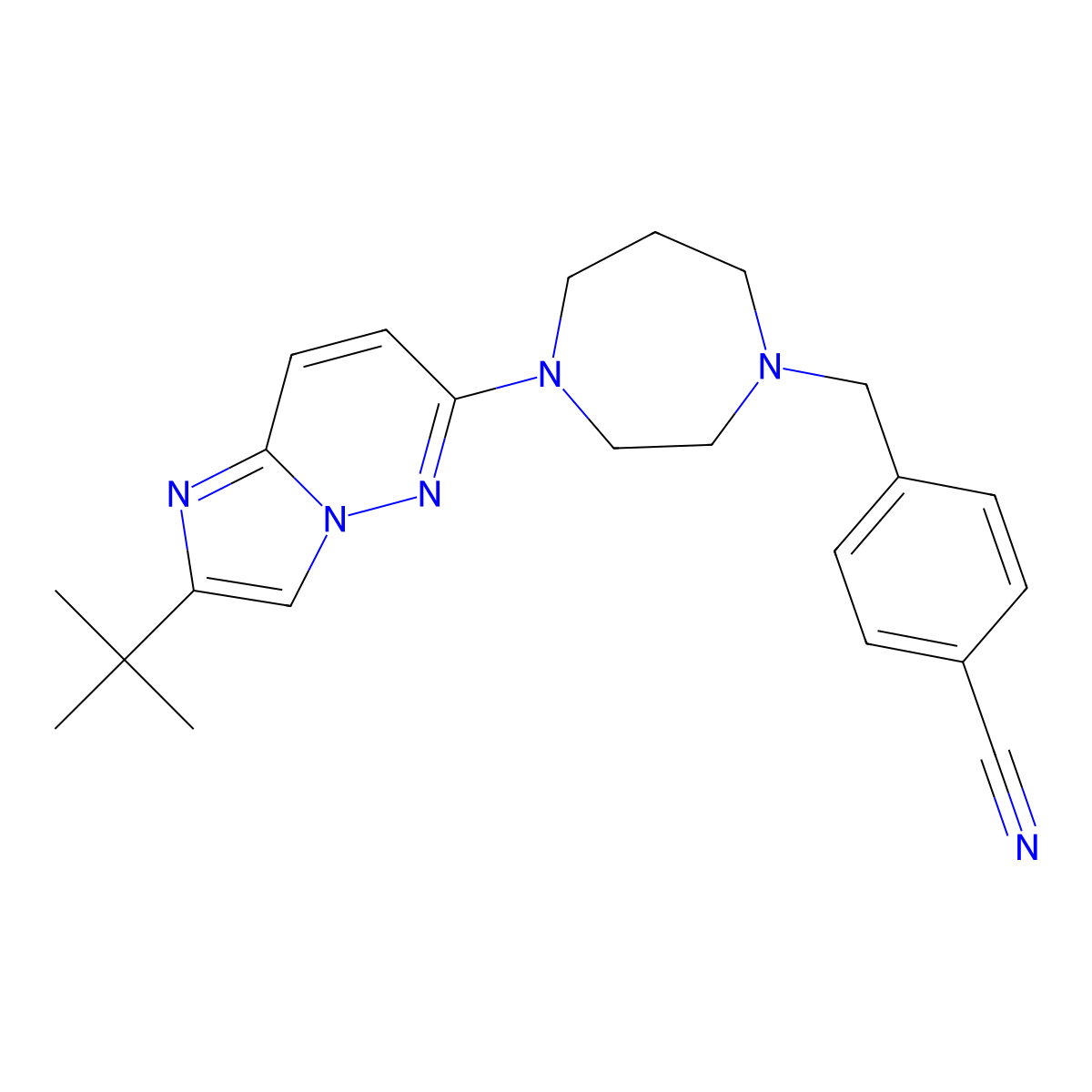 4-[(4-{2-Tert-butylimidazo[1,2-b]pyridazin-6-yl}-1,4-diazepan-1-yl)methyl]benzonitrile molecular structure, CAS 2742050-75-3