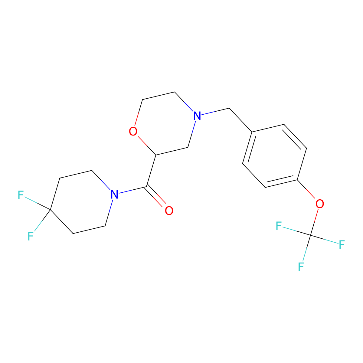 2-(4,4-Difluoropiperidine-1-carbonyl)-4-{[4-(trifluoromethoxy)phenyl]methyl}morpholine molecular structure, CAS 2742050-84-4
