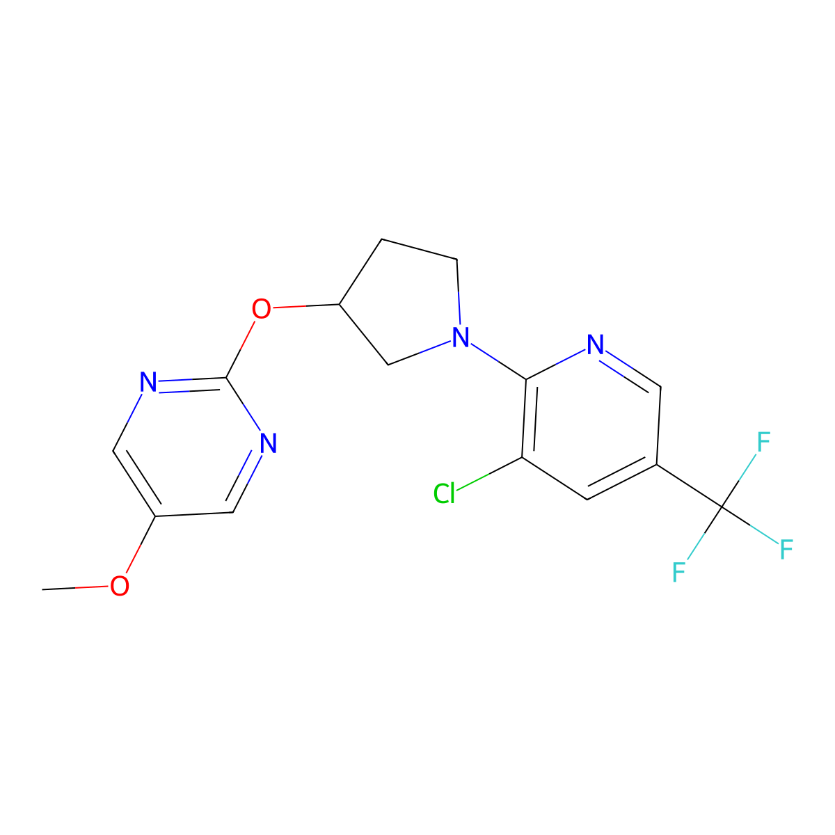 2-({1-[3-Chloro-5-(trifluoromethyl)pyridin-2-yl]pyrrolidin-3-yl}oxy)-5-methoxypyrimidine molecular structure, CAS 2742050-89-9