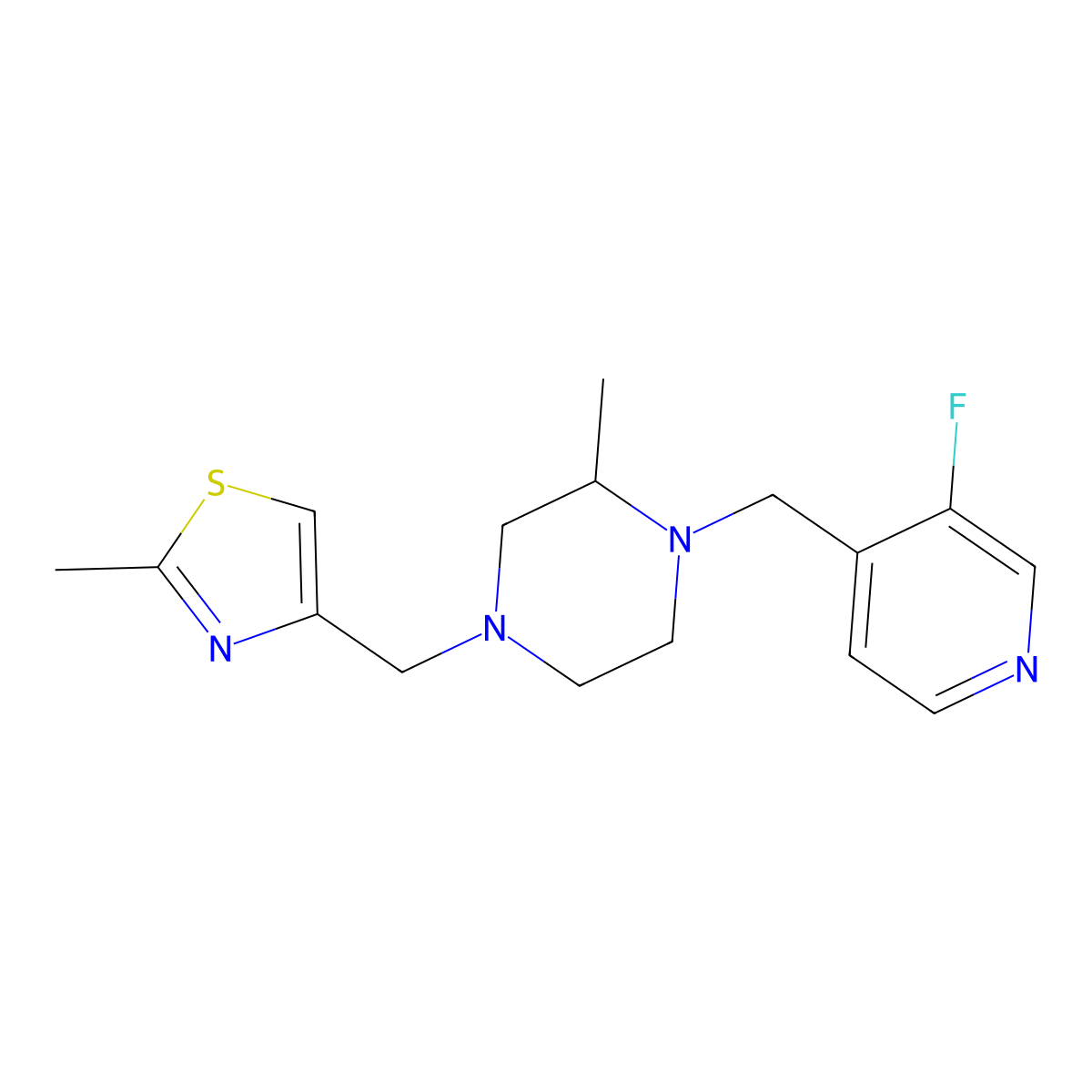 1-[(3-Fluoropyridin-4-yl)methyl]-2-methyl-4-[(2-methyl-1,3-thiazol-4-yl)methyl]piperazine molecular structure, CAS 2742050-96-8