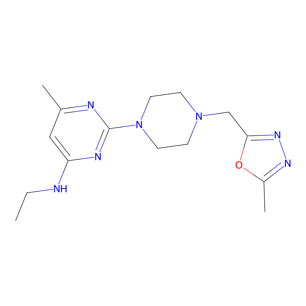 N-ethyl-6-methyl-2-[4-[(5-methyl-1,3,4-oxadiazol-2-yl)methyl]piperazin-1-yl]pyrimidin-4-amine molecular structure, CAS 2742051-05-2