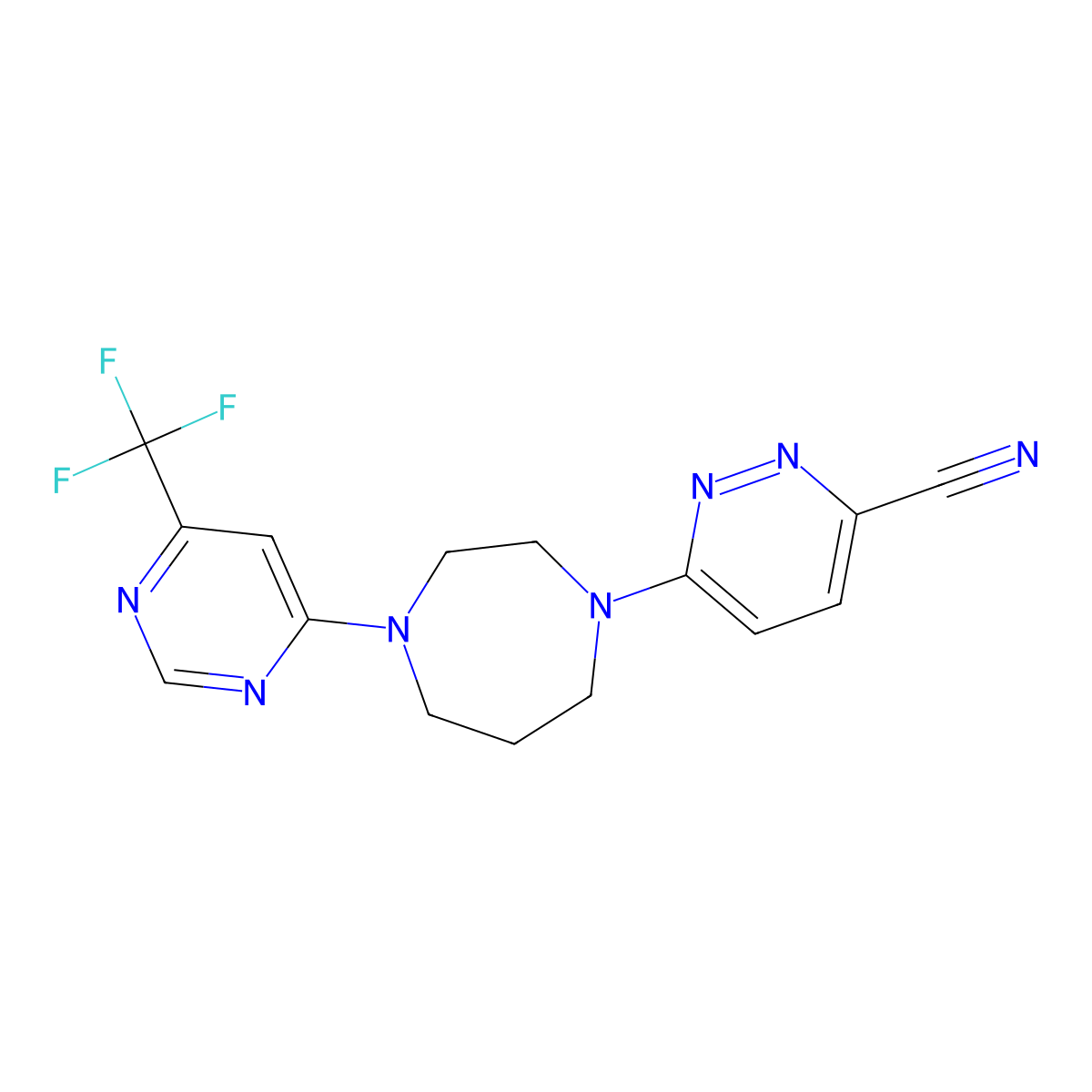 6-{4-[6-(Trifluoromethyl)pyrimidin-4-yl]-1,4-diazepan-1-yl}pyridazine-3-carbonitrile molecular structure, CAS 2742051-06-3