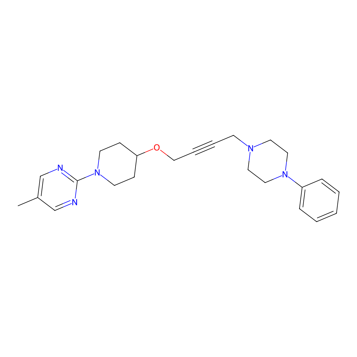 5-Methyl-2-(4-{[4-(4-phenylpiperazin-1-yl)but-2-yn-1-yl]oxy}piperidin-1-yl)pyrimidine molecular structure, CAS 2742051-15-4