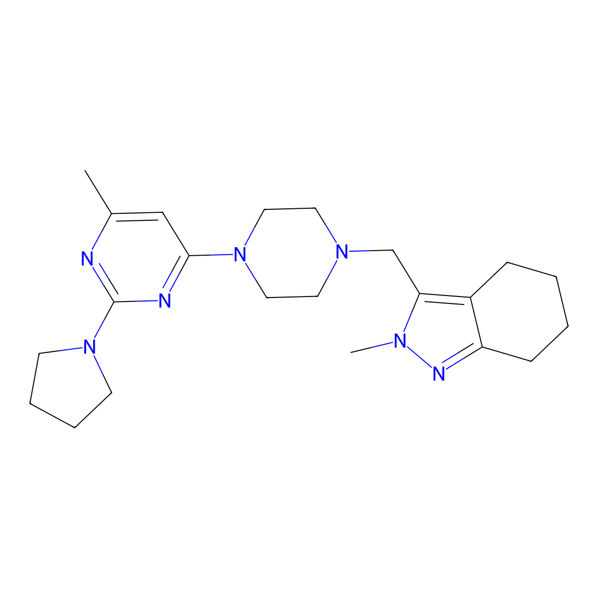 2-methyl-3-({4-[6-methyl-2-(pyrrolidin-1-yl)pyrimidin-4-yl]piperazin-1-yl}methyl)-4,5,6,7-tetrahydro-2H-indazole molecular structure, CAS 2742051-17-6