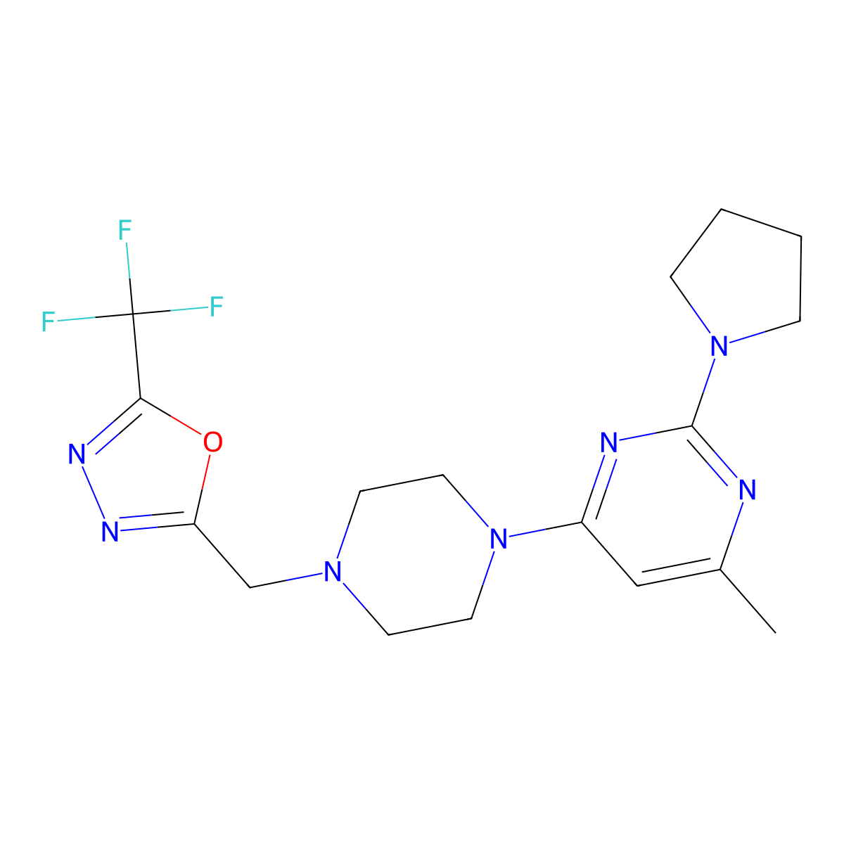 4-Methyl-2-(pyrrolidin-1-yl)-6-(4-{[5-(trifluoromethyl)-1,3,4-oxadiazol-2-yl]methyl}piperazin-1-yl)pyrimidine molecular structure, CAS 2742051-25-6