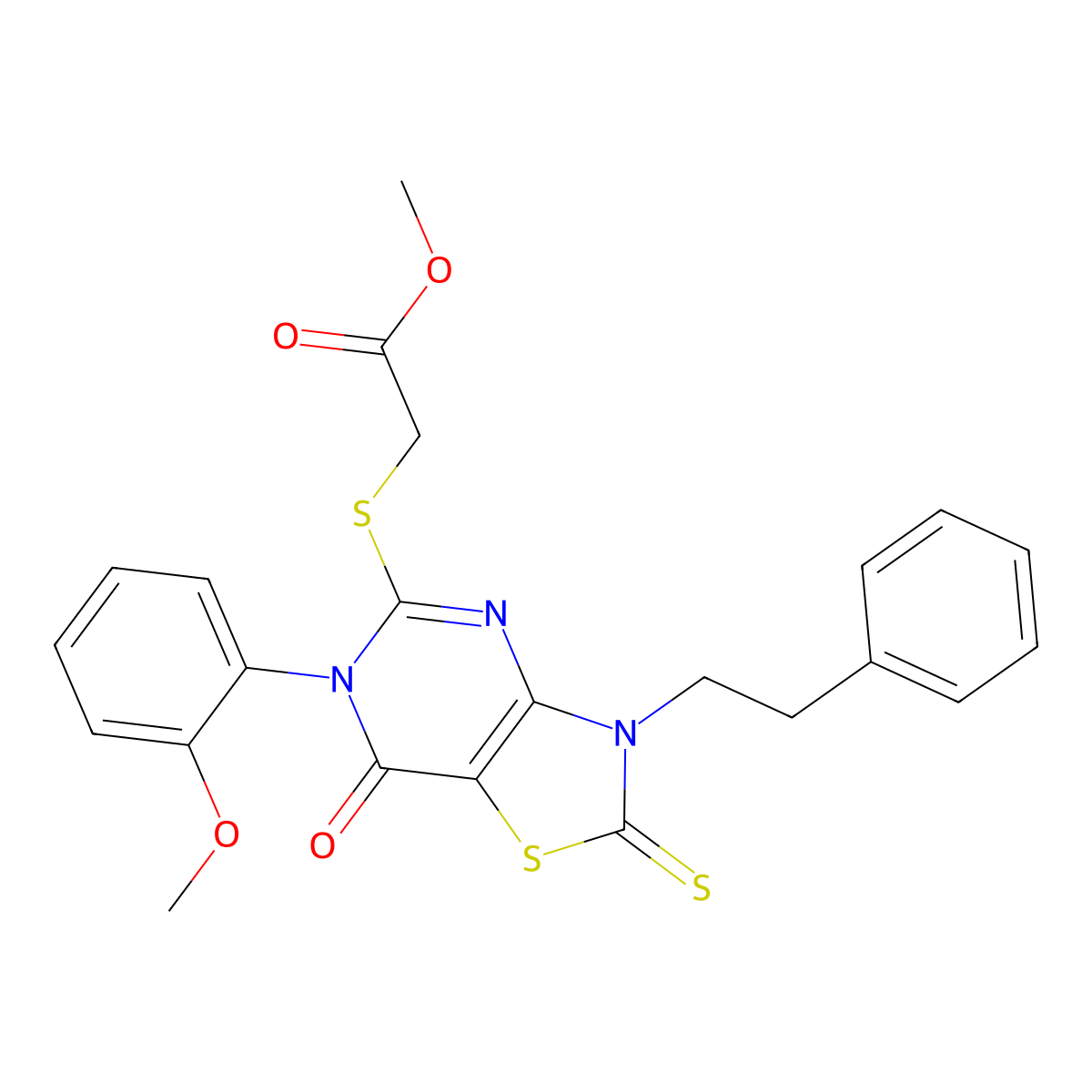 methyl 2-{[6-(2-methoxyphenyl)-7-oxo-3-(2-phenylethyl)-2-sulfanylidene-2H,3H,6H,7H-[1,3]thiazolo[4,5-d]pyrimidin-5-yl]sulfanyl}acetate molecular structure, CAS 2742051-29-0