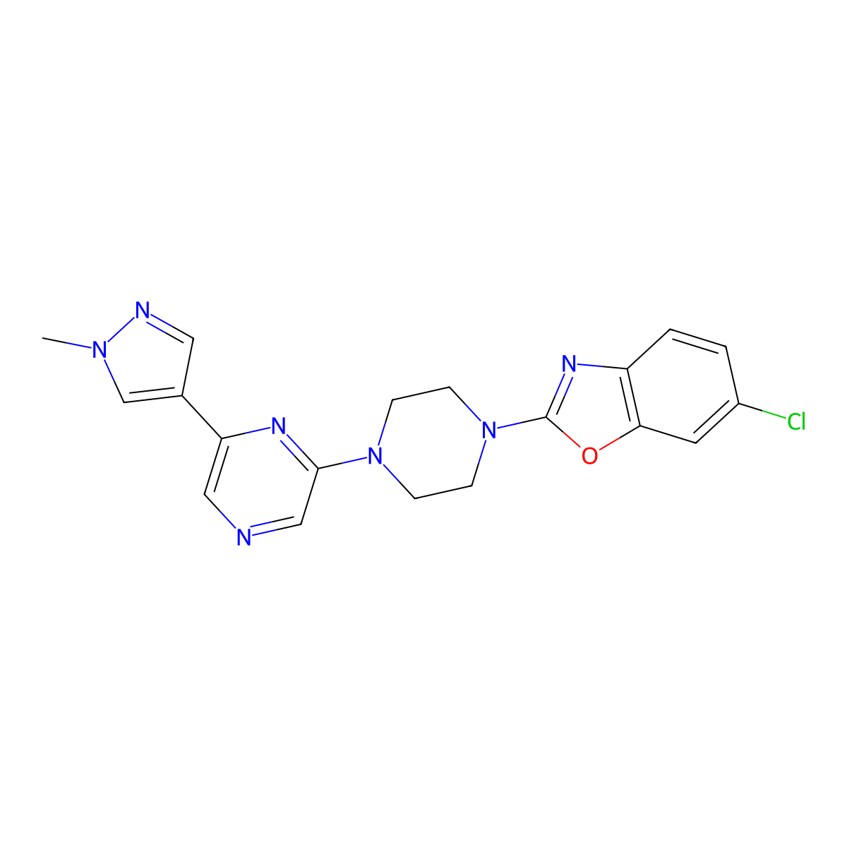 6-chloro-2-{4-[6-(1-methyl-1H-pyrazol-4-yl)pyrazin-2-yl]piperazin-1-yl}-1,3-benzoxazole molecular structure, CAS 2742051-32-5