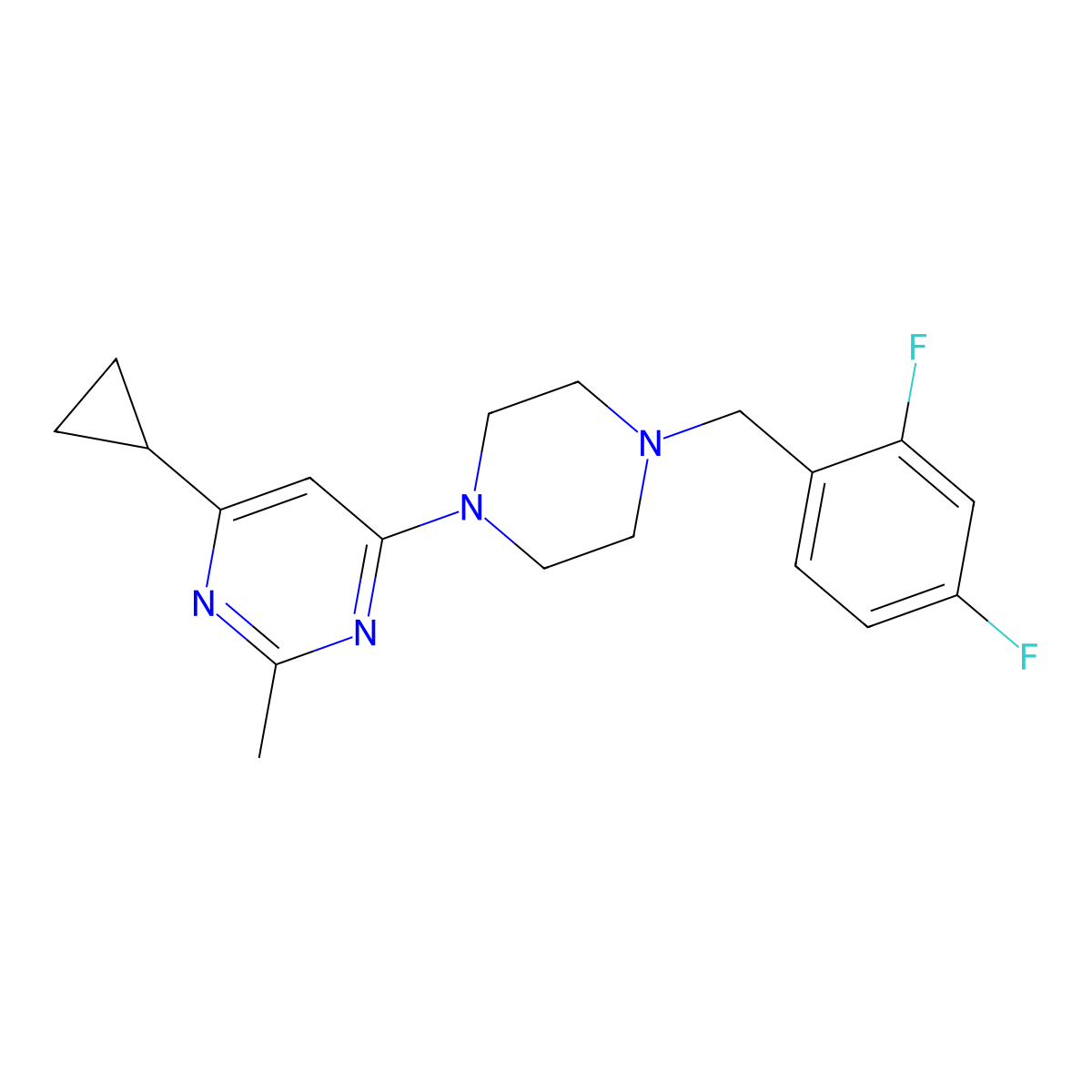 4-Cyclopropyl-6-{4-[(2,4-difluorophenyl)methyl]piperazin-1-yl}-2-methylpyrimidine molecular structure, CAS 2742051-37-0