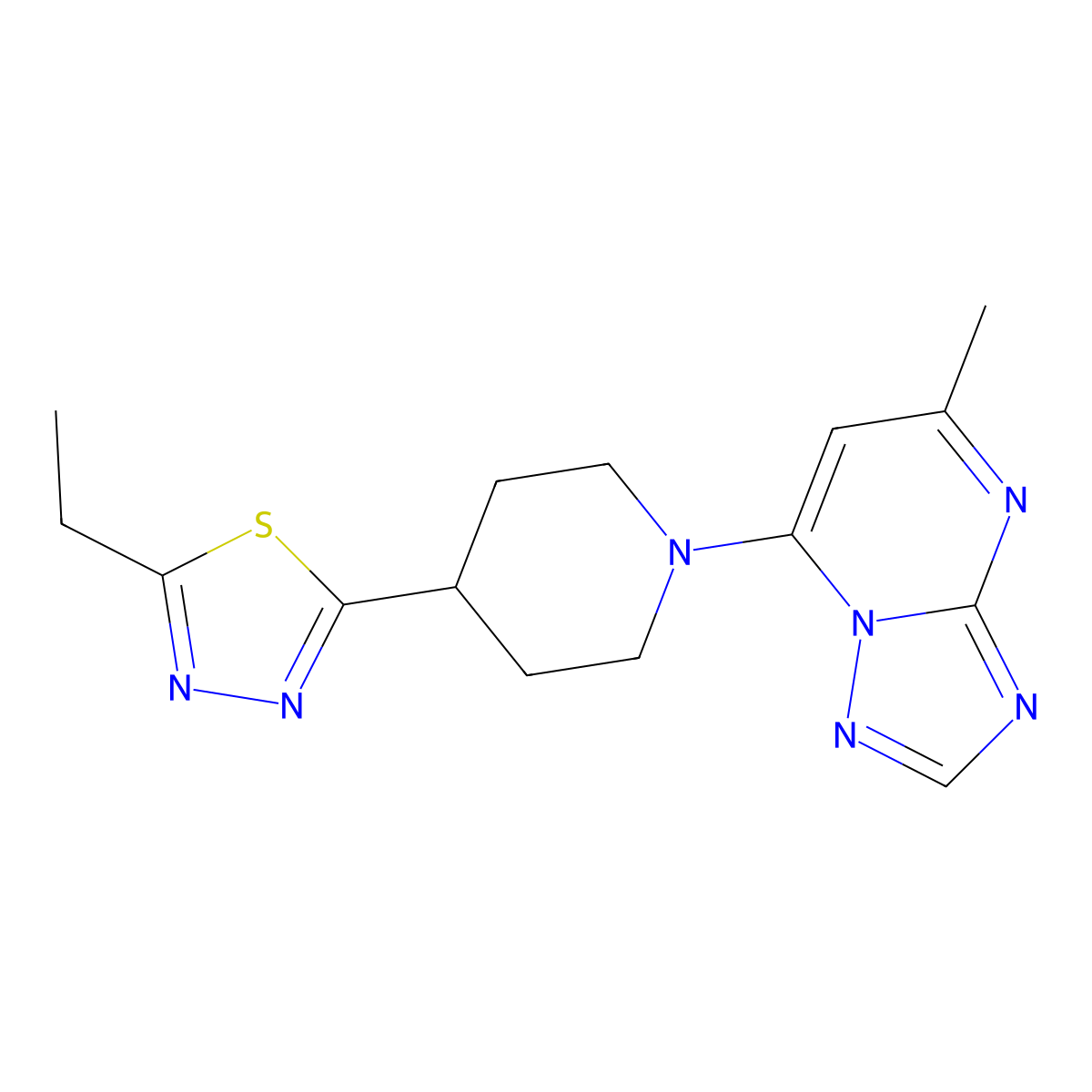4-(5-Ethyl-1,3,4-thiadiazol-2-yl)-1-{5-methyl-[1,2,4]triazolo[1,5-a]pyrimidin-7-yl}piperidine molecular structure, CAS 2742051-47-2