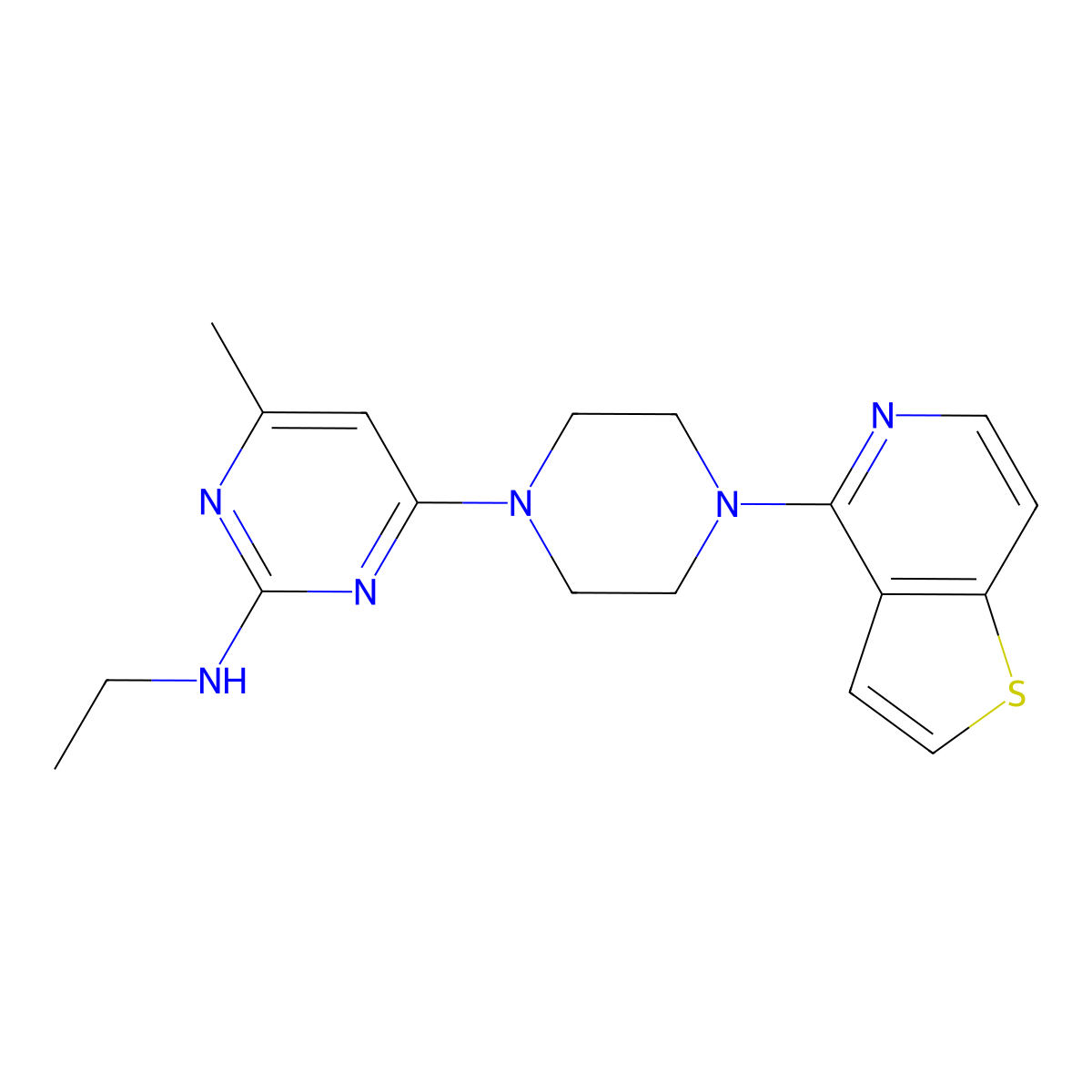 N-ethyl-4-methyl-6-(4-{thieno[3,2-c]pyridin-4-yl}piperazin-1-yl)pyrimidin-2-amine molecular structure, CAS 2742051-51-8