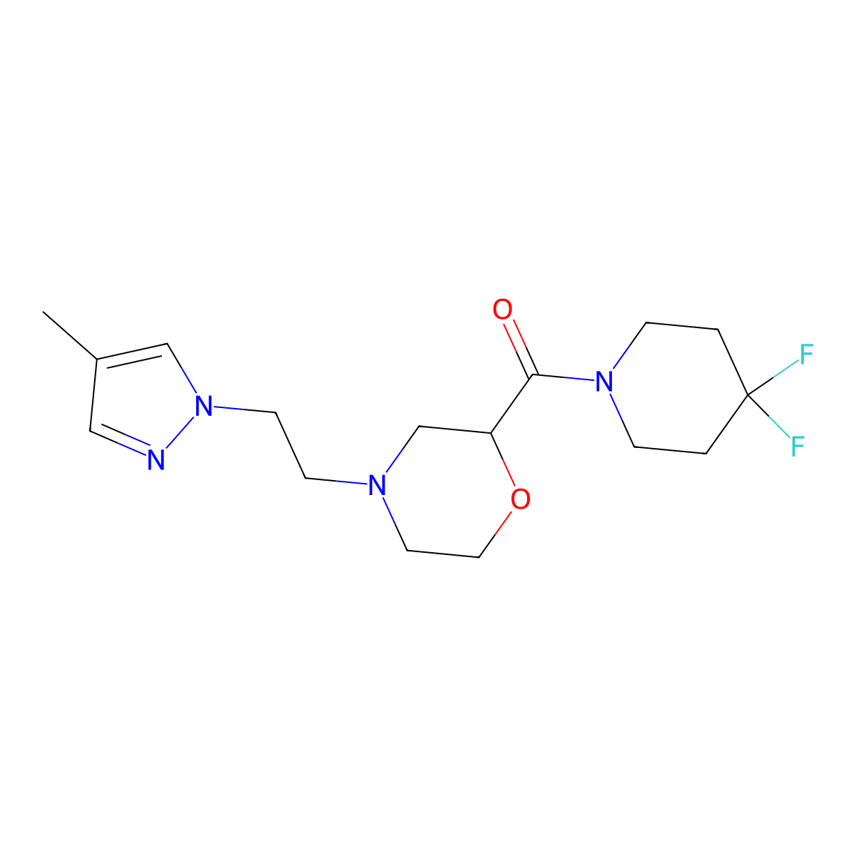 2-(4,4-difluoropiperidine-1-carbonyl)-4-[2-(4-methyl-1H-pyrazol-1-yl)ethyl]morpholine molecular structure, CAS 2742051-52-9