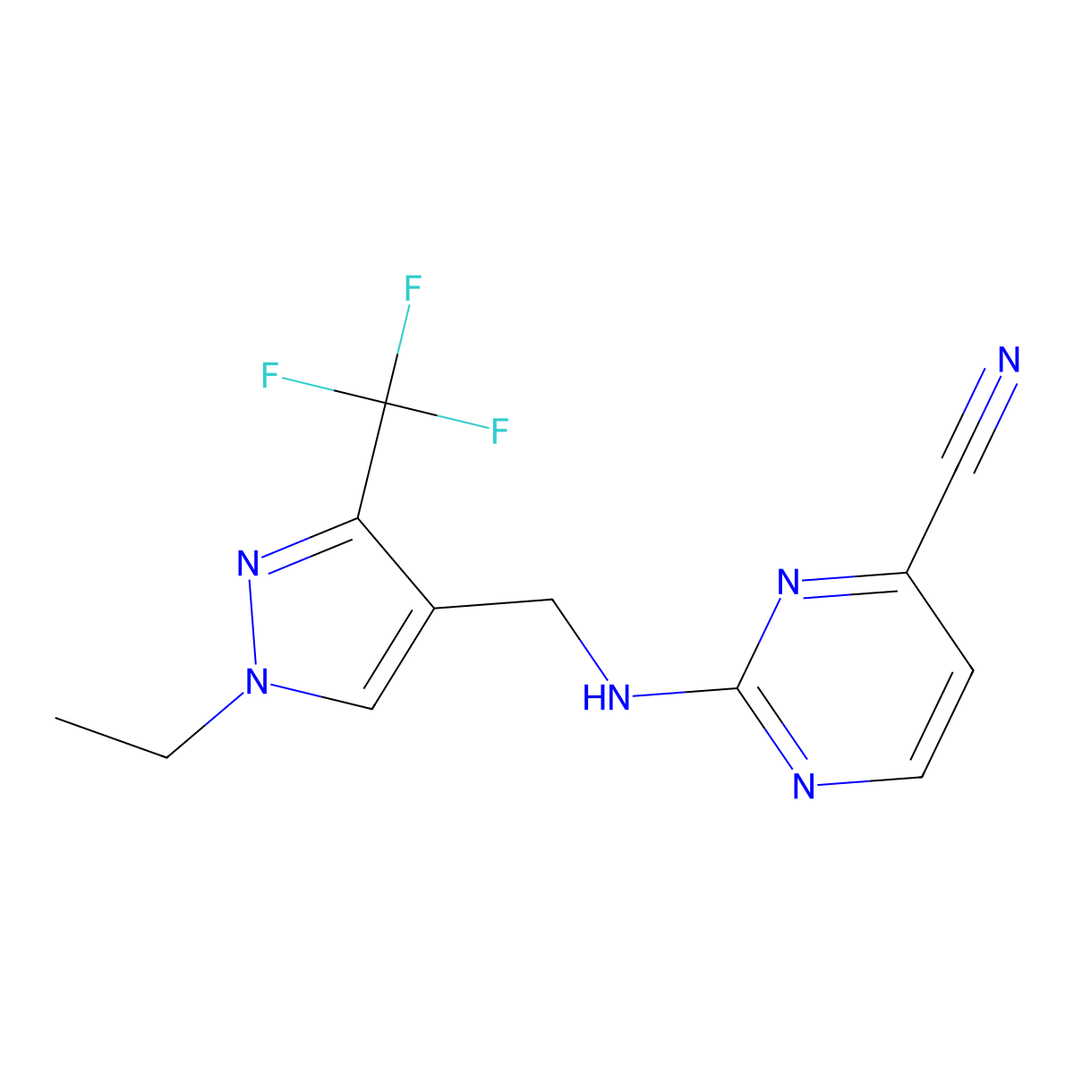 2-({[1-ethyl-3-(trifluoromethyl)-1H-pyrazol-4-yl]methyl}amino)pyrimidine-4-carbonitrile molecular structure, CAS 2742051-56-3