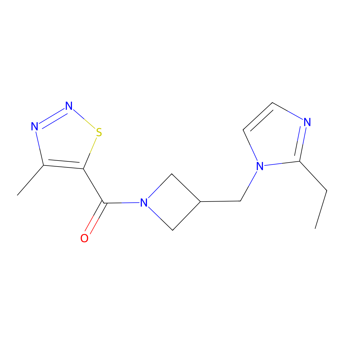 5-{3-[(2-ethyl-1H-imidazol-1-yl)methyl]azetidine-1-carbonyl}-4-methyl-1,2,3-thiadiazole molecular structure, CAS 2742051-57-4