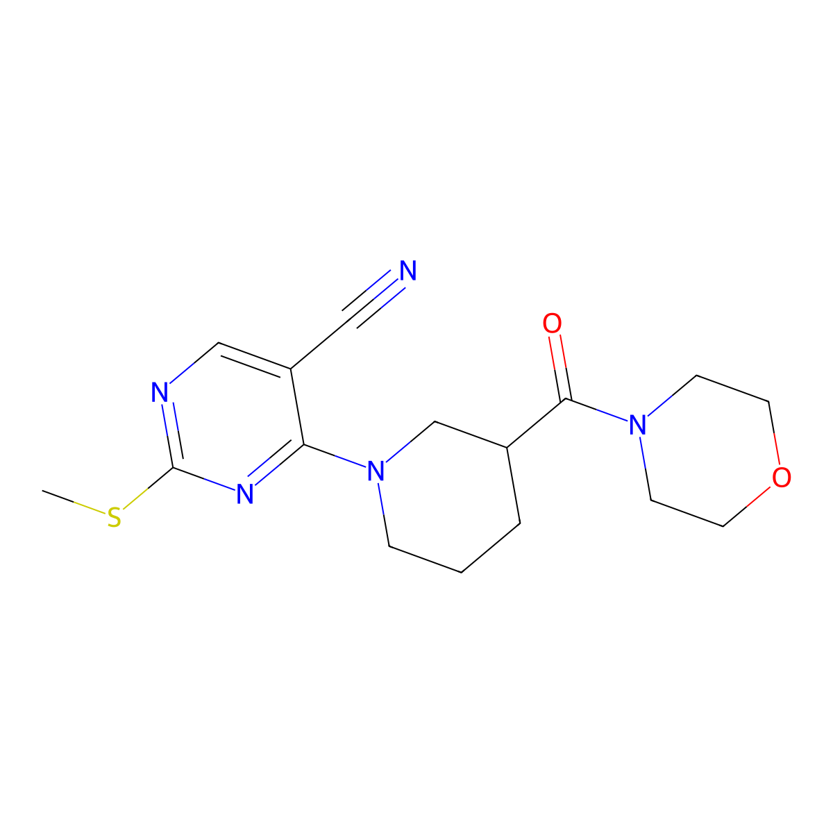 2-(Methylsulfanyl)-4-[3-(morpholine-4-carbonyl)piperidin-1-yl]pyrimidine-5-carbonitrile molecular structure, CAS 2742051-59-6