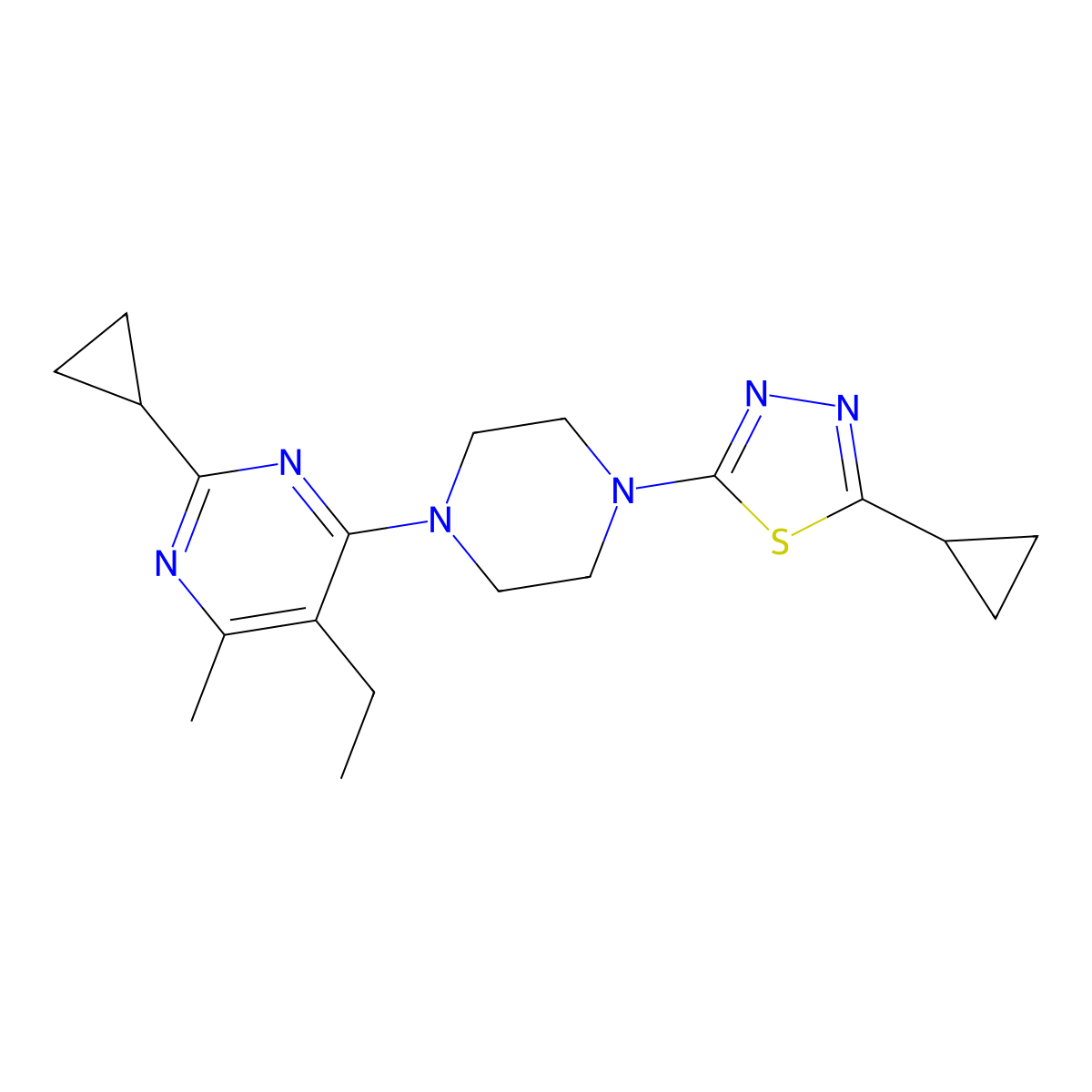 2-Cyclopropyl-4-[4-(5-cyclopropyl-1,3,4-thiadiazol-2-yl)piperazin-1-yl]-5-ethyl-6-methylpyrimidine molecular structure, CAS 2742051-65-4