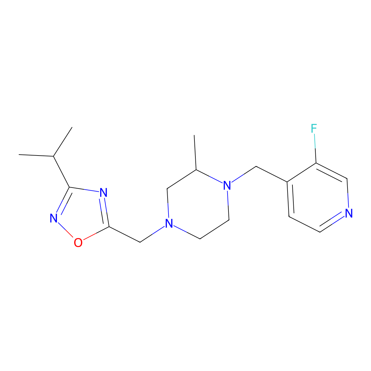 1-[(3-Fluoropyridin-4-yl)methyl]-2-methyl-4-{[3-(propan-2-yl)-1,2,4-oxadiazol-5-yl]methyl}piperazine molecular structure, CAS 2742051-73-4