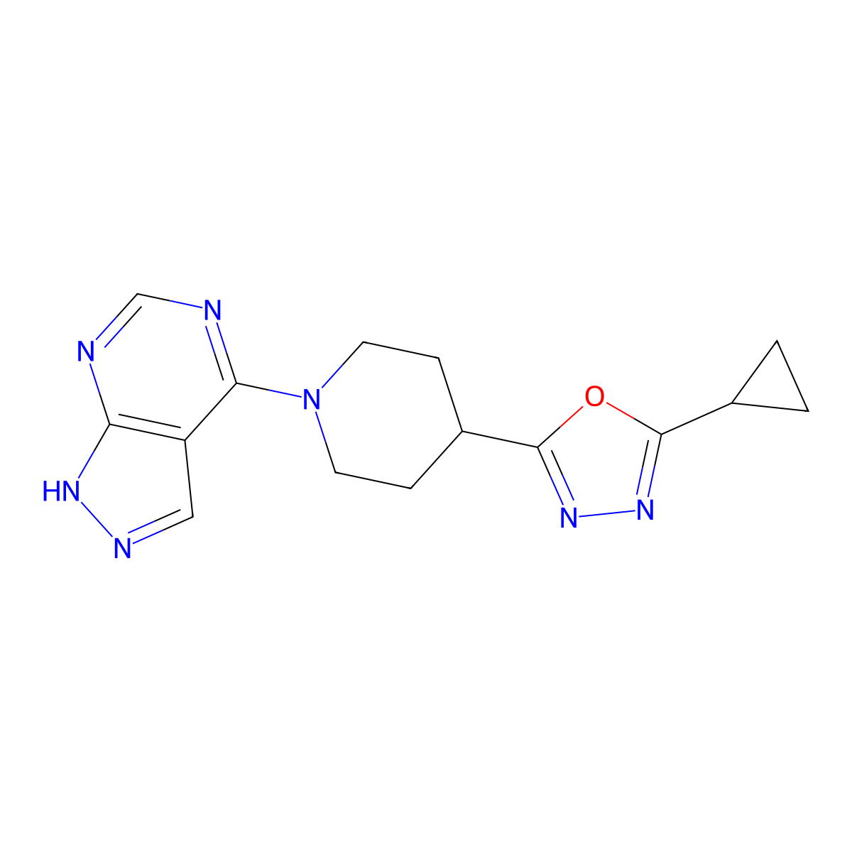 4-(5-cyclopropyl-1,3,4-oxadiazol-2-yl)-1-{1H-pyrazolo[3,4-d]pyrimidin-4-yl}piperidine molecular structure, CAS 2742051-75-6