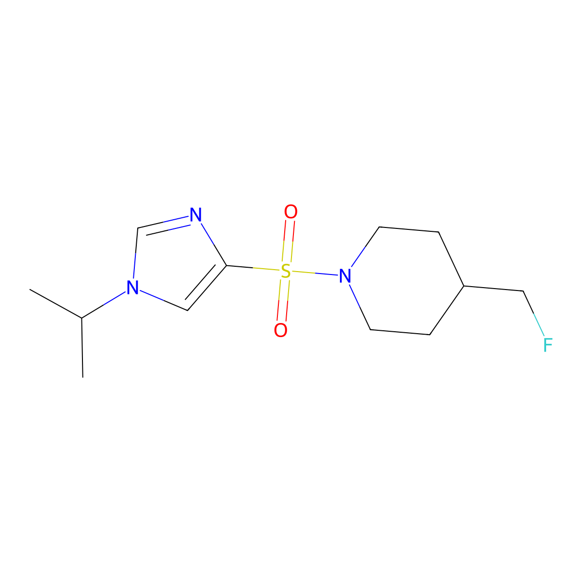 4-(fluoromethyl)-1-{[1-(propan-2-yl)-1H-imidazol-4-yl]sulfonyl}piperidine molecular structure, CAS 2742051-87-0