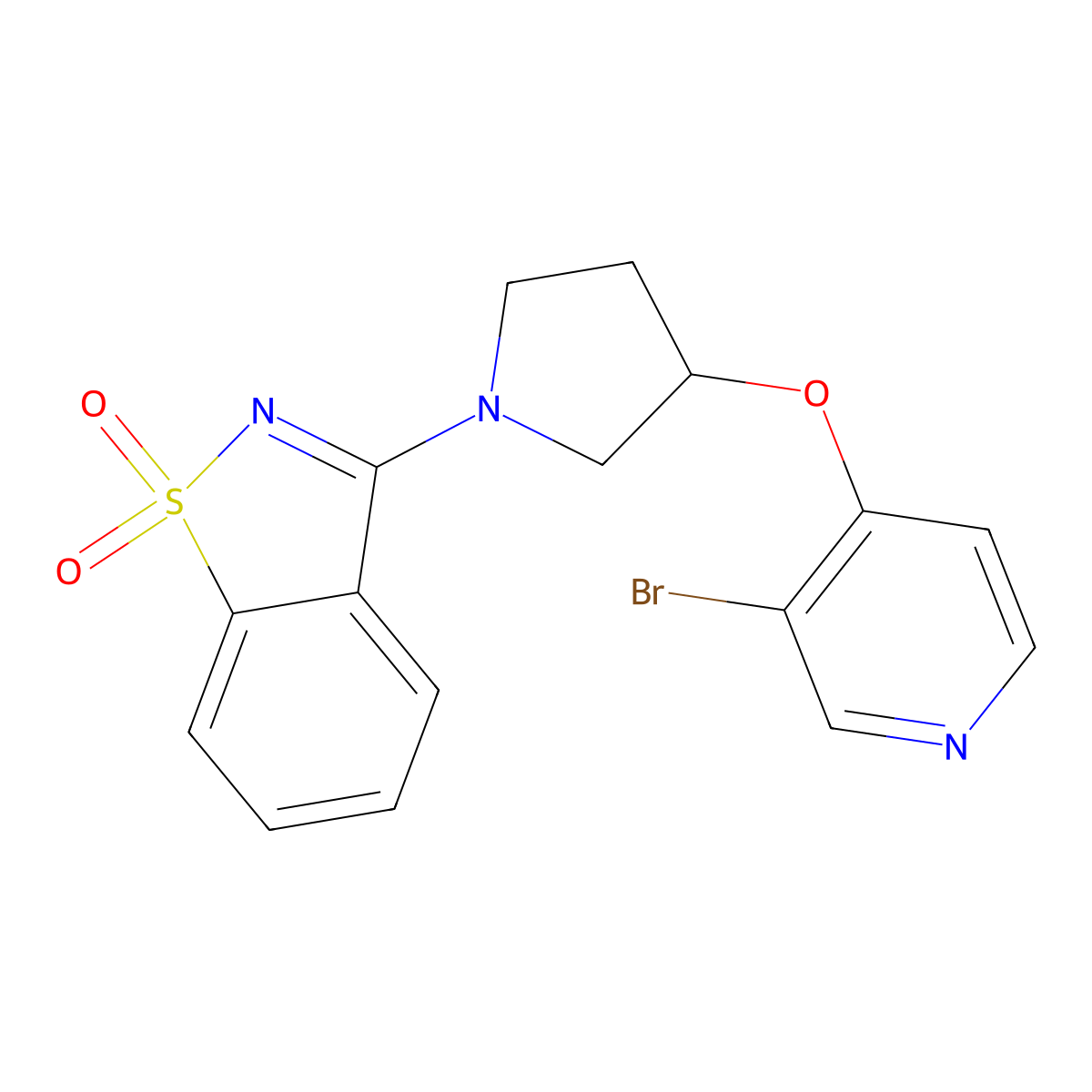 3-[3-[(3-Bromo-4-pyridinyl)oxy]pyrrolidin-1-yl]-1,2-benzothiazole 1,1-dioxide molecular structure, CAS 2742051-95-0