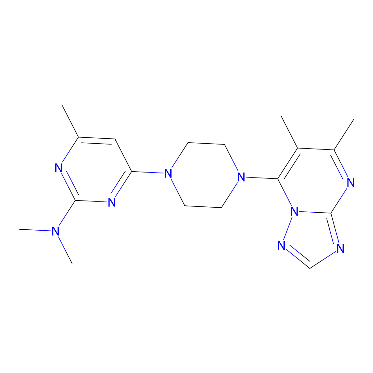 4-(4-{5,6-dimethyl-[1,2,4]triazolo[1,5-a]pyrimidin-7-yl}piperazin-1-yl)-N,N,6-trimethylpyrimidin-2-amine molecular structure, CAS 2742051-96-1
