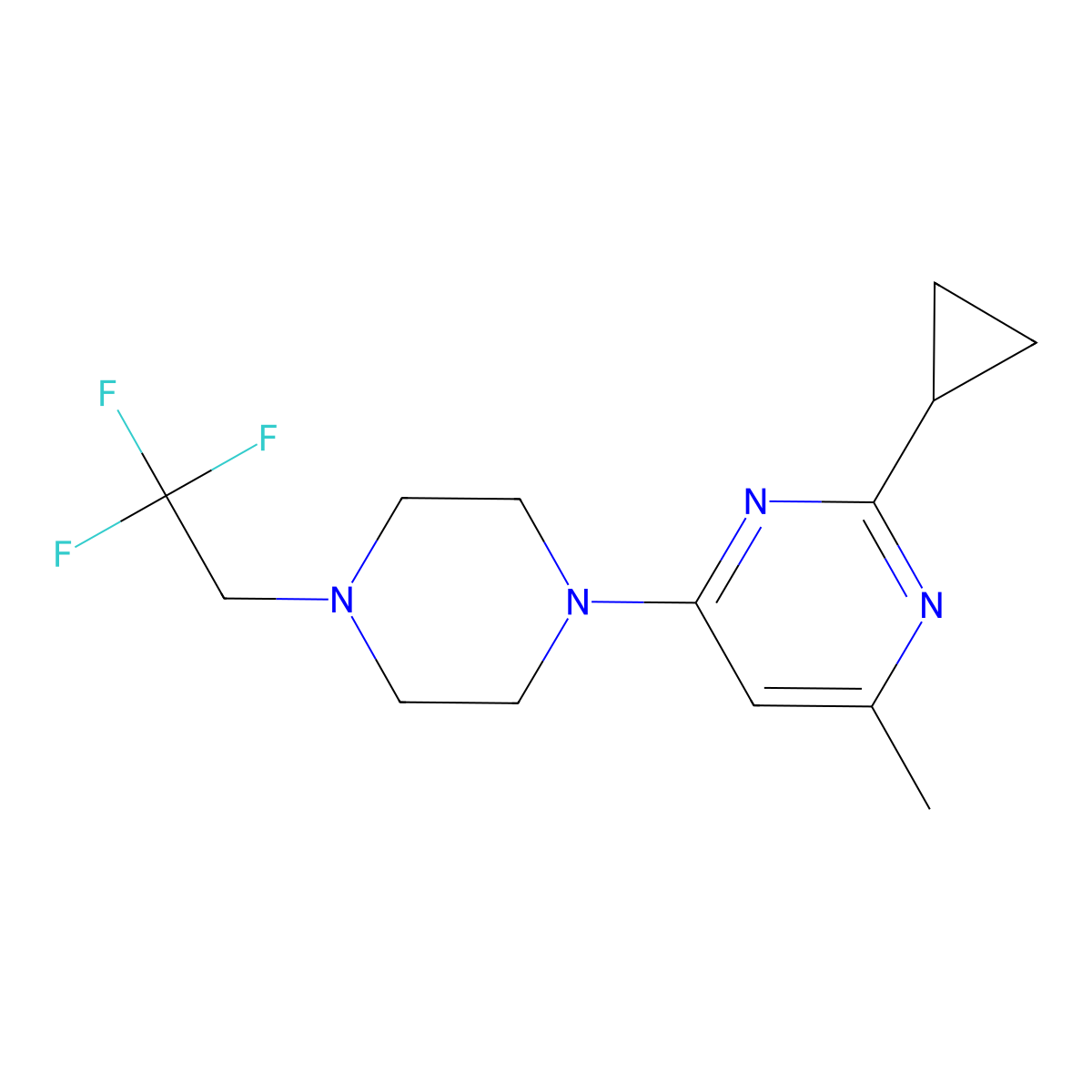 2-Cyclopropyl-4-methyl-6-[4-(2,2,2-trifluoroethyl)piperazin-1-yl]pyrimidine molecular structure, CAS 2742051-97-2