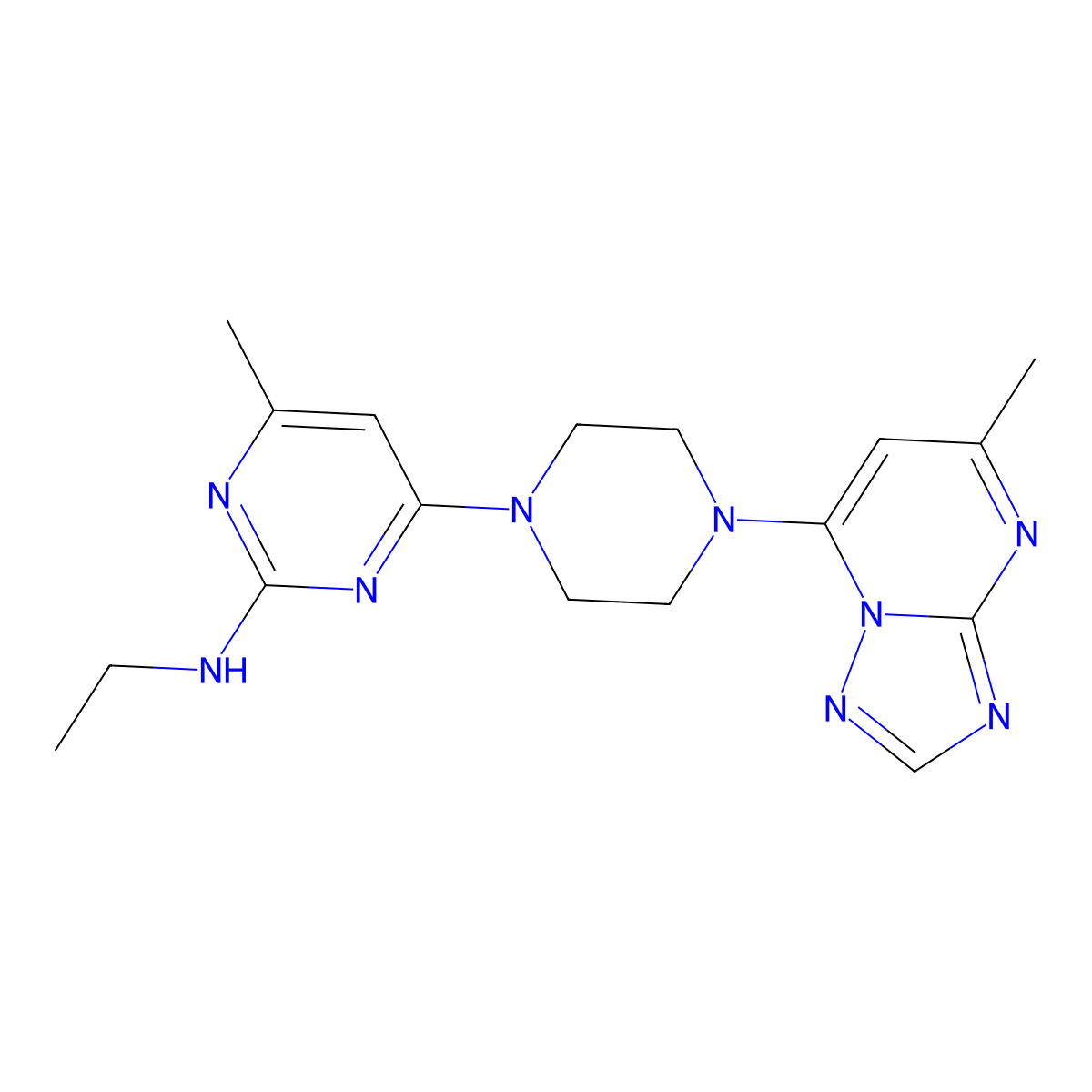 N-ethyl-4-methyl-6-(4-{5-methyl-[1,2,4]triazolo[1,5-a]pyrimidin-7-yl}piperazin-1-yl)pyrimidin-2-amine molecular structure, CAS 2742052-01-1